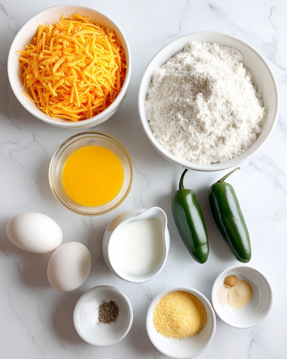 The image shows several ingredients arranged on a white marbled surface. On the top left, there is a white bowl filled with shredded orange cheese. To the right of it, there is a larger white bowl filled with white flour. Below the flour bowl, there is a small clear glass bowl with a bright yellow liquid, likely melted butter or an egg mixture. Below the shredded cheese, there are two white eggs placed next to each other. Next to the eggs, there is a small white pitcher filled with white granulated sugar. To the right of the sugar pitcher, there are two green jalapeño peppers lying side by side. At the bottom, there is a small white bowl containing several spices including salt and a yellow spice, likely garlic powder or onion powder. The photo was taken with an iphone --ar 4:5 --v 7