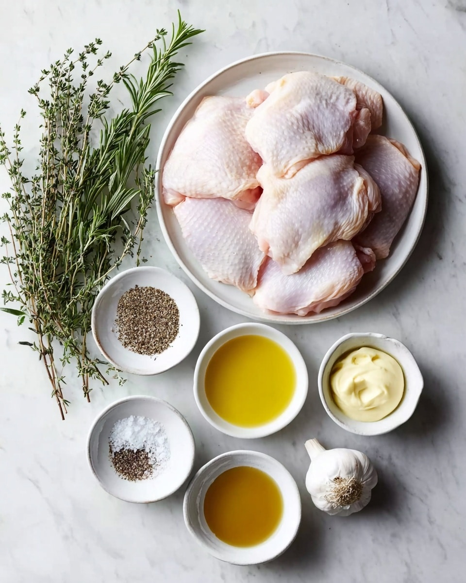 A white plate sits on a white marbled surface, filled with seven pieces of raw chicken skin side up, showing a pale pink color with some light texture. Around the plate, from left to right, are fresh green sprigs of rosemary and thyme. Below the herbs are small white bowls; one has mixed black pepper and salt, another has light brown honey, a third has golden yellow oil, and a larger bowl contains creamy pale yellow mayonnaise. A whole bulb of garlic sits near the bottom right of the arrangement. Photo taken with an iphone --ar 4:5 --v 7