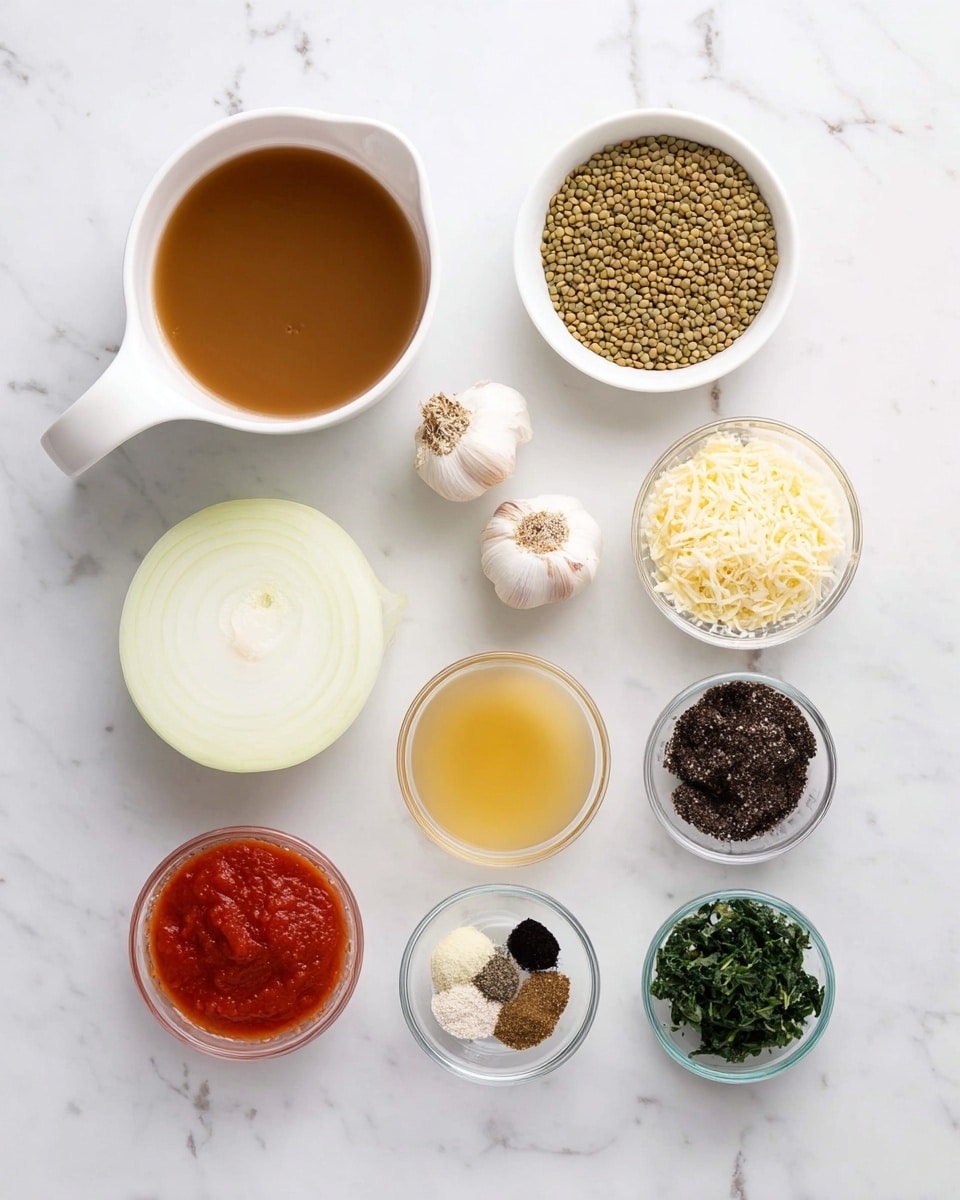 The image shows eleven ingredients arranged neatly on a white marbled surface, all in white or clear containers. At the top left, there is a white measuring cup filled with brown broth. To its right, a small white bowl holds light green lentils, and next to it, a clear bowl contains finely grated pale yellow cheese. Below the broth is a small white bowl with a creamy white liquid. Next to it is a half white onion, sliced vertically to show its inner layers. Beside the onion is a small clear bowl with a light golden liquid. To the right, a small clear bowl has a dark, thick paste. Below these are four garlic cloves resting directly on the surface. Next to them, a smallest clear bowl contains mixed spices in white, black, and green shades. To the right sits a small clear bowl with bright red tomato paste, and finally at the bottom right, there is a small clear bowl filled with chopped dark green leafy herbs. Photo taken with an iphone --ar 4:5 --v 7