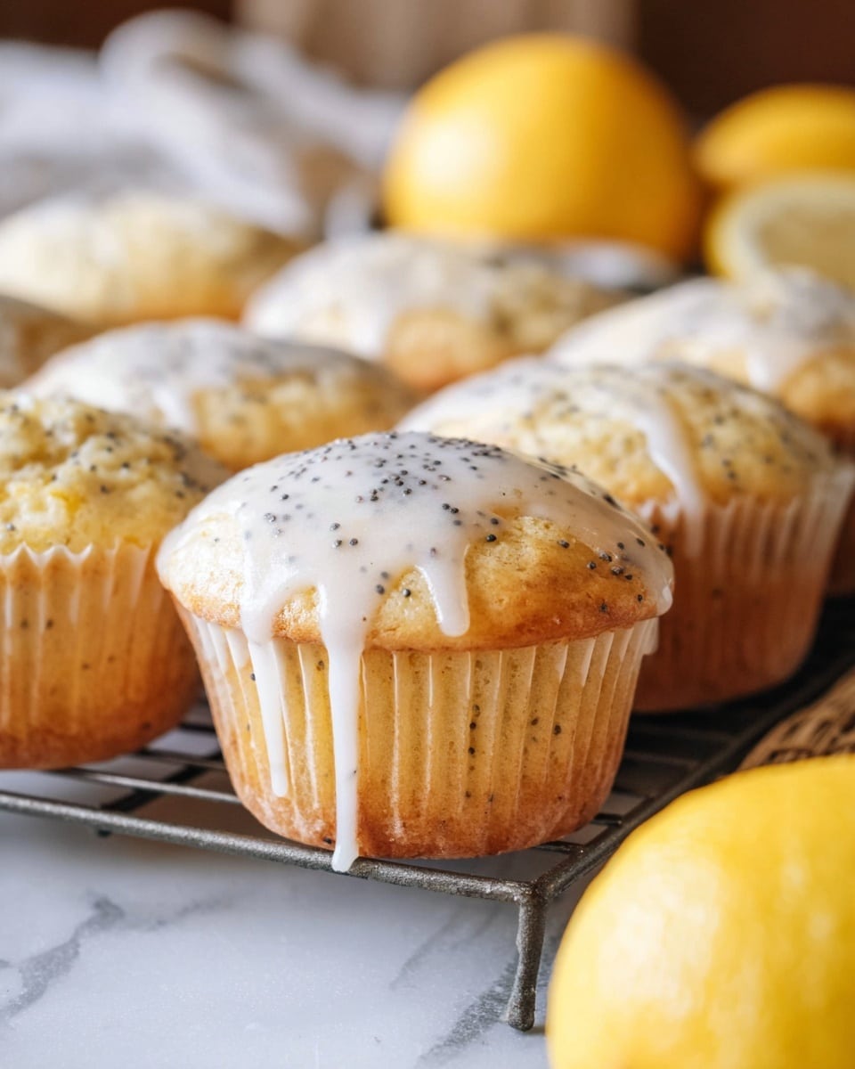 This is a close-up view of six light golden muffins lined in white paper cups, sitting on a metal cooling rack. Each muffin has a smooth white glaze dripping down the sides, topped with small black poppy seeds scattered across the glaze. The muffins have a soft, slightly bumpy texture with visible poppy seeds inside the batter. In the blurry background and foreground, there are whole bright yellow lemons resting on a woven surface, adding vibrant color to the scene. The setting's surface has a white marbled texture, and the photo is taken with an iphone --ar 4:5 --v 7