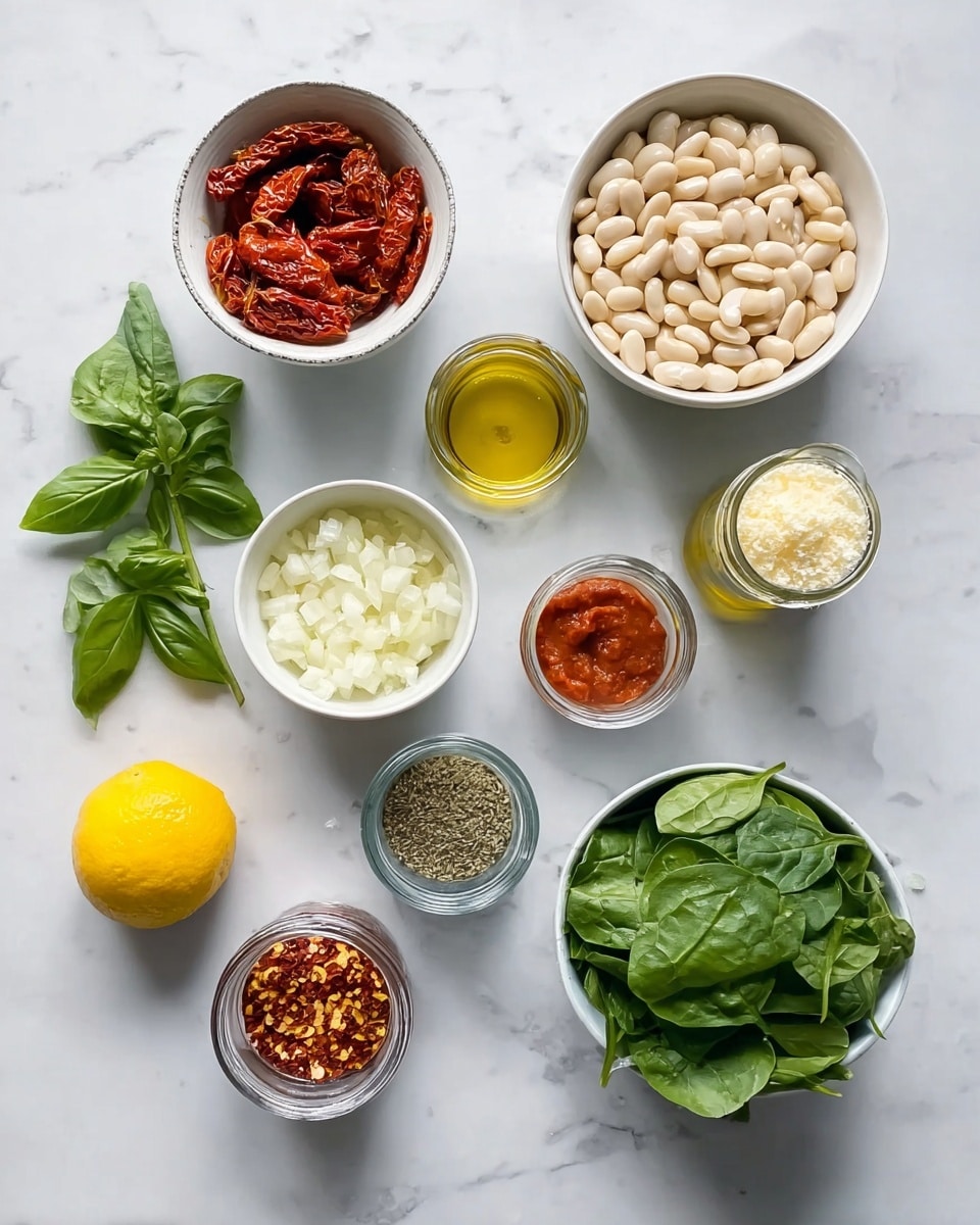The image shows a white marbled surface holding a neat arrangement of small white bowls filled with ingredients. A large white bowl on the top right is full of white beans, next to a smaller white bowl with sun-dried tomatoes in oil. Below, there is a white bowl with chopped onions, and nearby a small white bowl with grated cheese. Another white bowl holds fresh green spinach leaves on the right center. Small glass containers hold olive oil, tomato paste, and an herb mixture. Two spice jars contain red chili flakes and dried oregano. A bright yellow lemon sits on the bottom left beside fresh green basil leaves. The colors are fresh and natural with white bowls highlighting the textures and colors well. photo taken with an iphone --ar 4:5 --v 7