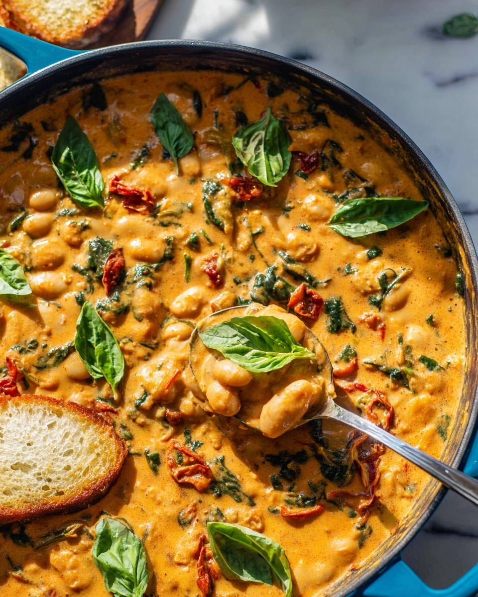 A blue pan filled with a thick creamy orange stew that has white beans, chopped spinach, and bits of red sun-dried tomatoes mixed in. Bright green fresh basil leaves are scattered on top, adding a fresh contrast. A silver spoon is scooping some stew, showing the texture with beans and leafy greens clearly. Part of two toasted bread slices is shown near the pan on a white marbled surface. The light shines warmly, highlighting the creamy texture and fresh herbs. photo taken with an iphone --ar 4:5 --v 7