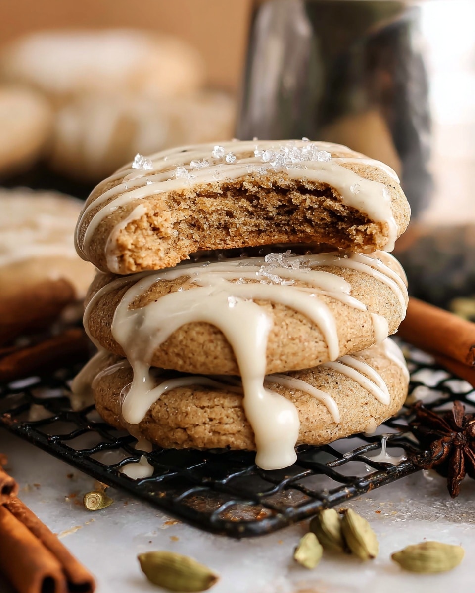 Two round light brown cookies stacked on a black cooling rack, with the top cookie showing a bite taken out revealing a soft, dense texture inside. Both cookies are drizzled with light cream-colored icing in thin lines across the top and sprinkled with sugar crystals. Around the cookies, cinnamon sticks and some scattered cardamom pods are placed on a white marbled surface. In the background, more cookies and a shiny metal container are softly blurred. photo taken with an iphone --ar 4:5 --v 7