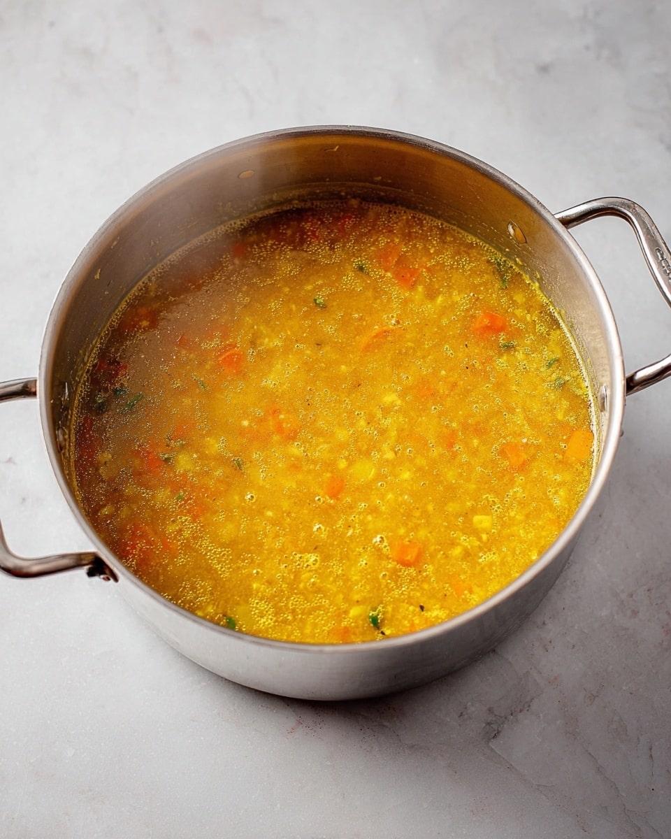 A silver pot filled with a thick, yellow-orange soup that has a slightly oily surface. The soup shows small bits of vegetables like orange carrots and green herbs floating throughout, giving it a textured look. The pot has two handles on opposite sides and is placed on a white marbled surface. Steam rises gently from the soup, showing it is hot. Photo taken with an iphone --ar 4:5 --v 7