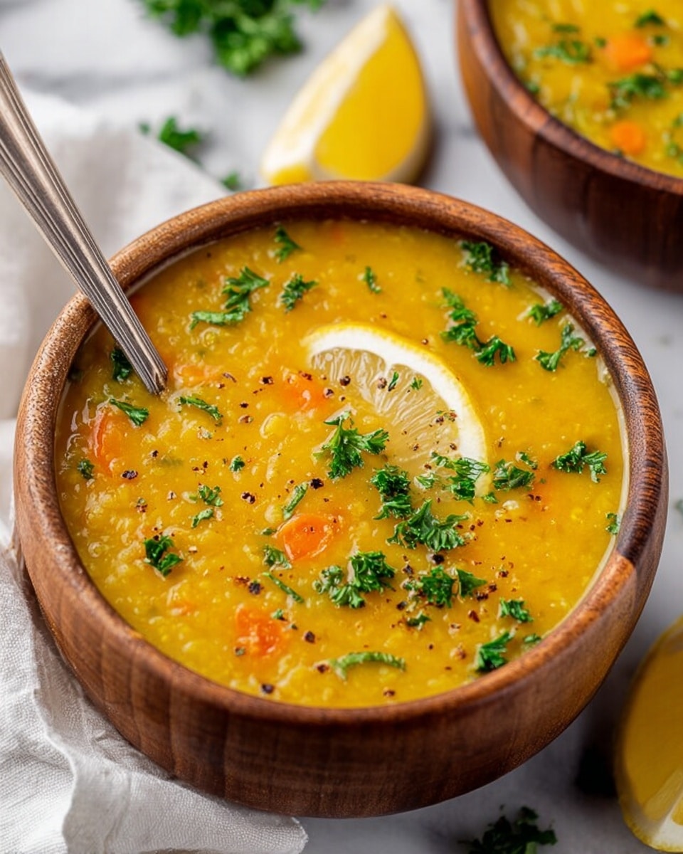A wooden bowl filled with bright yellow lentil soup with a thick, smooth texture and visible small carrot pieces scattered inside. On top, fresh green parsley leaves are sprinkled all over, adding a nice contrast. A wedge of lemon is placed partly inside the soup near the edge of the bowl. A silver spoon is inserted into the soup on the left side. The bowl sits on a white marbled surface with small bits of parsley around it, and a white cloth is partially visible under the bowl. Another wooden bowl with soup is seen blurred in the background. Photo taken with an iphone --ar 4:5 --v 7
