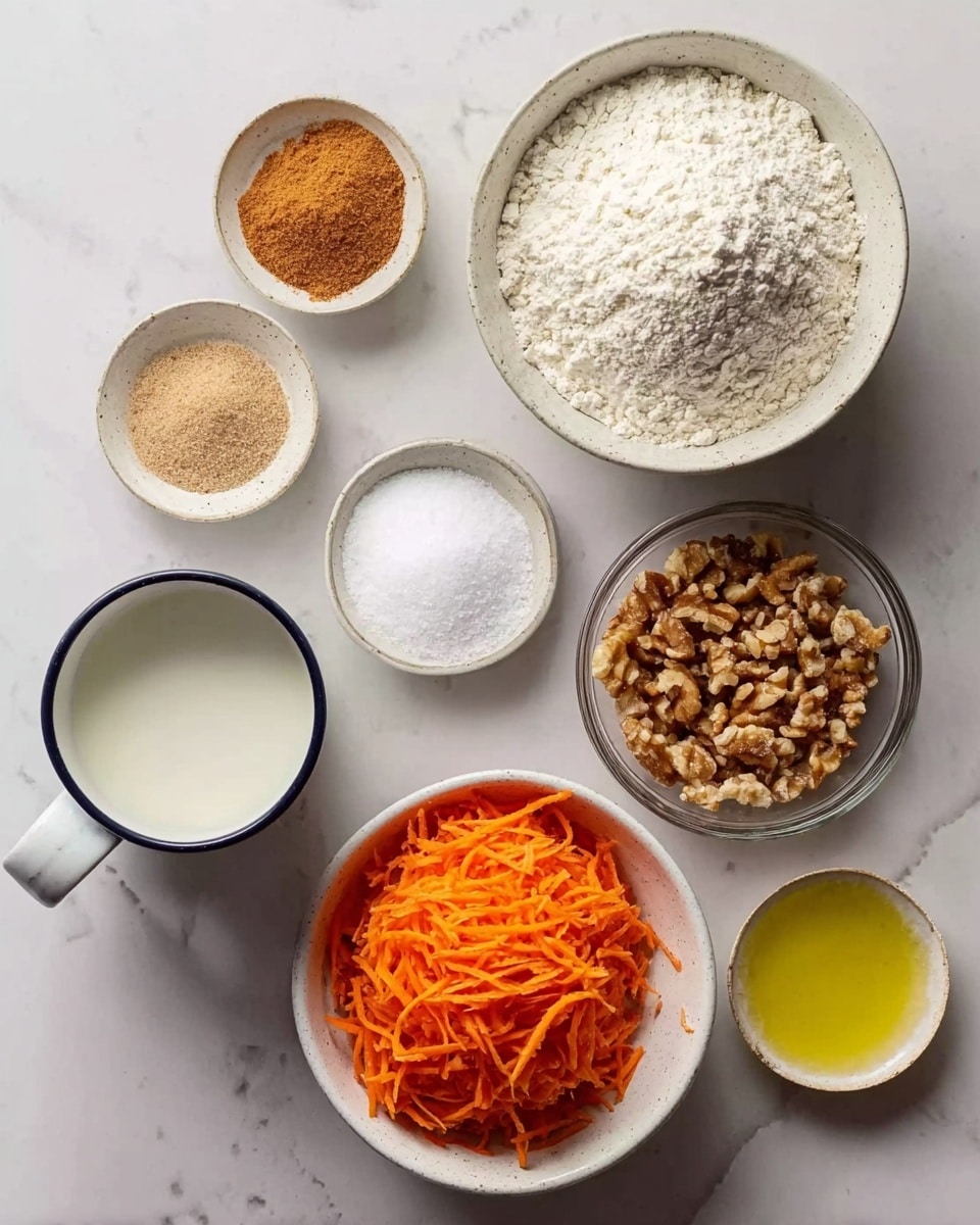 The image shows seven small bowls and a cup arranged on a white marbled surface. The largest bowl, placed at the top right, is filled with white flour. Below it, a clear bowl holds light brown sugar, and next to it, another white bowl contains chopped nuts. In the center left, a white bowl holds bright orange shredded carrot. At the top left, a small white bowl contains a brown spice powder with a small pile of light beige powder beside it. Below that, another small white bowl holds a white powder, likely salt or baking soda. At the bottom left, a white cup with a dark blue rim is half-filled with a white liquid, possibly milk, and next to it, a small clear bowl has a yellow liquid, likely oil. The setup is neat and organized, with a focus on the different textures and colors of the ingredients photo taken with an iphone --ar 4:5 --v 7