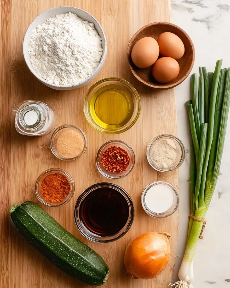 The image shows a wooden surface with different cooking ingredients neatly placed on it. At the top left, there is a white bowl filled with white flour. Next to it, a clear jar containing a white powder is placed. Below the jar, a small clear glass bowl has a yellow oil-like liquid. Two brown eggs are placed horizontally in the middle of the scene. Below the eggs, a small dark glass bowl contains a dark brown liquid. Beside it, a clear glass bowl is empty. Below these, a small white container has a light tan liquid, and next to it is a small round glass bowl filled with red chili flakes. On the left side, a wooden bowl holds a light brown powder. Below that, a whole yellow onion sits on the surface. A long green zucchini lies diagonally in the lower left part of the image. A bunch of green onions with long stalks is positioned on the bottom right. At the far right, a single orange carrot rests diagonally. The background is a white marbled texture. photo taken with an iphone --ar 4:5 --v 7