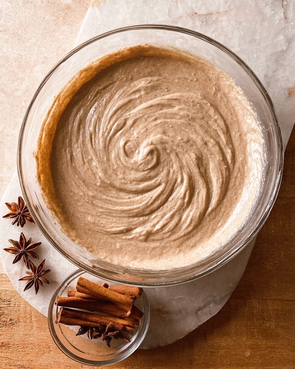 A large clear glass bowl filled with a light brown batter that has a smooth and creamy texture with visible swirls on the surface, sitting on a white marbled texture. Below the bowl is a small clear glass cup holding curled cinnamon sticks, with star anise pieces placed on the white marbled texture around it. The wooden table underneath is replaced by the white marbled texture. photo taken with an iphone --ar 4:5 --v 7