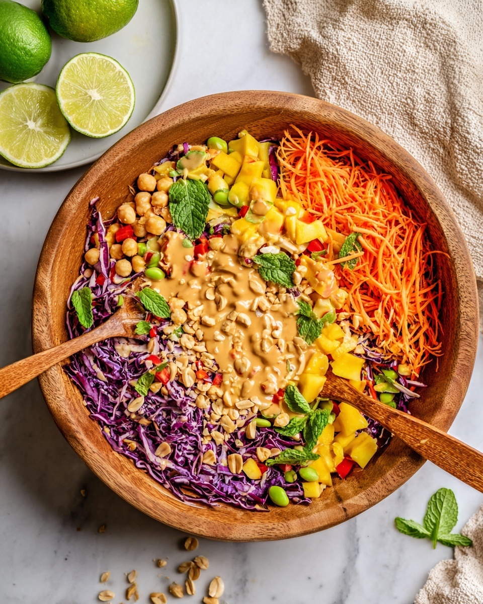 A wooden bowl filled with a colorful salad showing multiple layers, starting with vibrant shredded purple cabbage as the base, topped with bright orange shredded carrots spread around the edges. Mixed into the middle are yellow chunks of mango and light brown chickpeas scattered throughout. There are also small green edamame beans and red bell pepper pieces adding more color. The salad is generously drizzled with a creamy light brown dressing that pools in the center. Whole peanuts and fresh green mint and basil leaves are sprinkled on top. Two wooden utensils rest inside the bowl on the left and right sides. The bowl is placed on a white marbled surface next to cut limes on a white plate and a textured beige cloth. Photo taken with an iphone --ar 4:5 --v 7