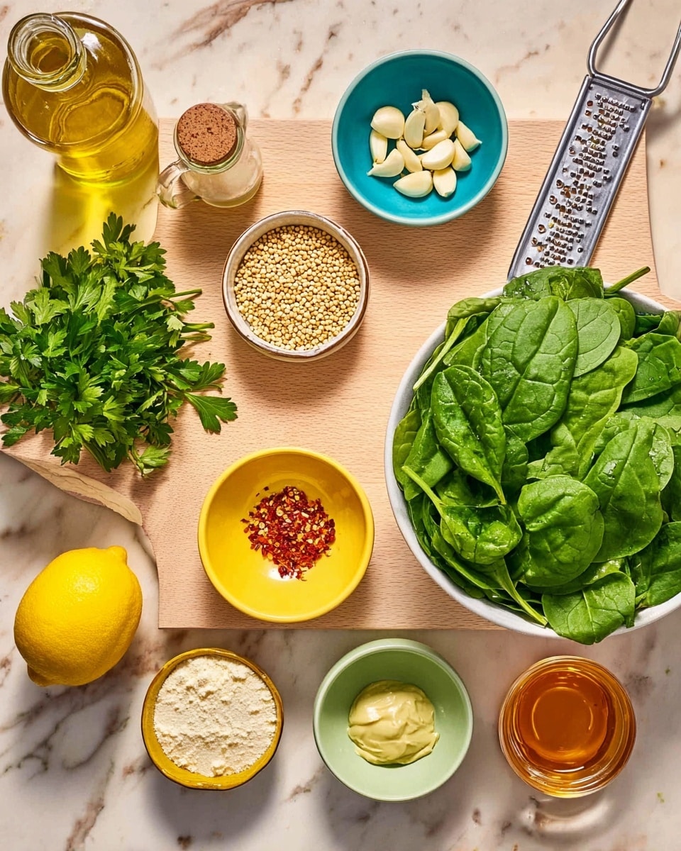 The image shows a collection of ingredients neatly arranged on a beige cutting board and a white marbled surface. There is a white bowl filled with fresh bright green spinach leaves positioned on the right side. At the center of the board is a bunch of fresh parsley with rich dark green leaves. Surrounding this are various small bowls holding different ingredients: a yellow bowl with white round seeds, a green bowl with three peeled garlic cloves, a small yellow bowl with red chili flakes, a round divided bowl with salt and black pepper, a blue bowl with pale yellow paste, and a light green bowl with white powdery cheese. A lemon rests on a metal grater near the center, and a glass container of olive oil and a small glass cup of amber-colored liquid are placed on the white marbled surface. The photo taken with an iphone --ar 4:5 --v 7
