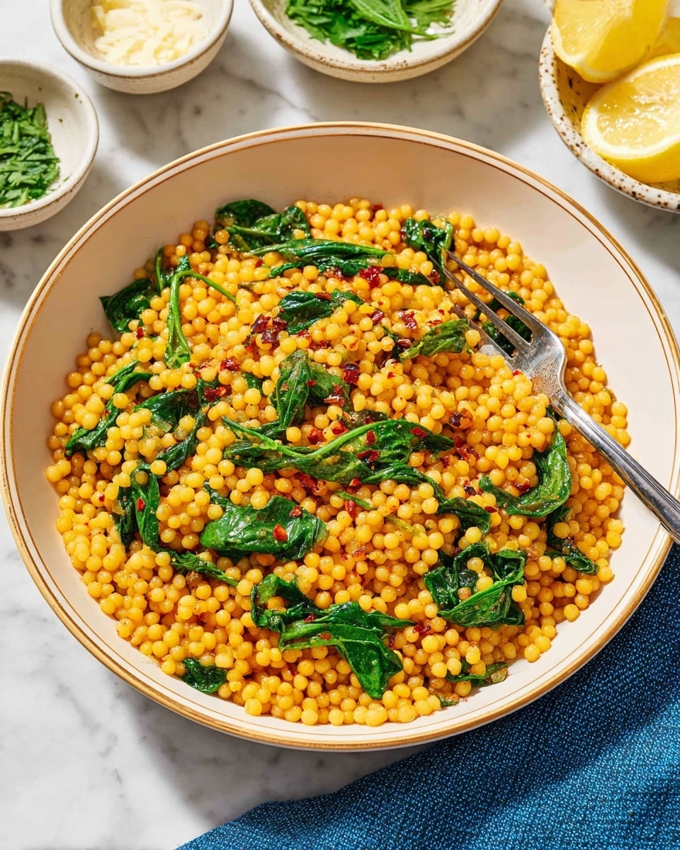 A white bowl with a thin gold rim is filled with small, round yellow-orange couscous pearls mixed with bright green spinach leaves, scattered red chili flakes, and small bits of herbs. A metal fork is placed on the right side, resting inside the bowl. In the background, there are small white bowls with green herbs, grated cheese, and lemon wedges on a white marbled surface. A blue cloth is partly visible under the bowl. photo taken with an iphone --ar 4:5 --v 7
