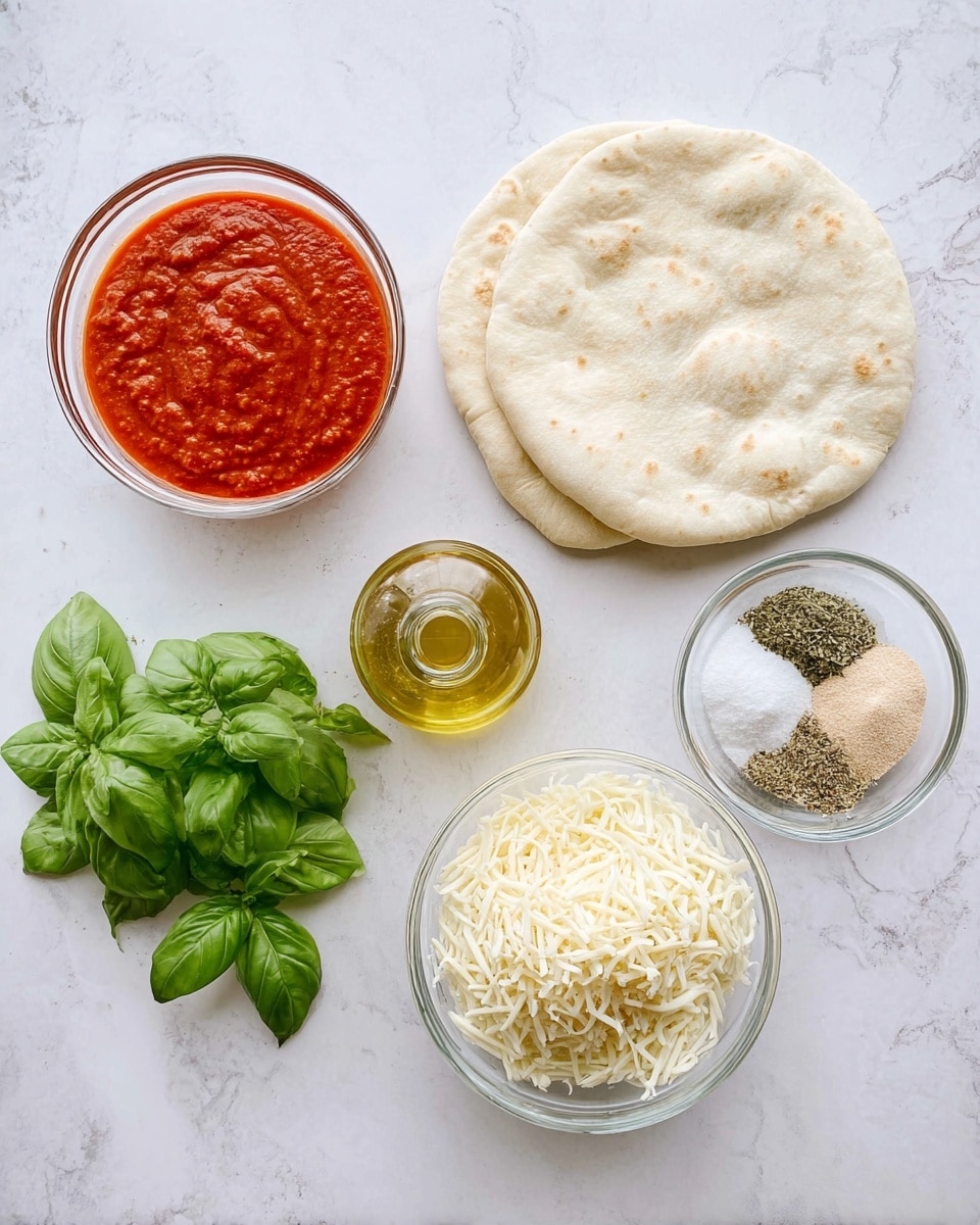The image shows ingredients for making pizza on a white marbled surface. There are two white pita breads stacked on the right. Near them is a small glass bottle with golden olive oil. To the left, there is a bowl filled with red tomato sauce, and below it, a fresh bunch of green basil leaves. Below the tomato sauce, a clear glass bowl is filled with shredded white cheese. Above the cheese, a smaller clear bowl contains a mix of dried herbs and spices, including white salt, green herbs, black pepper, and a light beige powder. Photo taken with an iphone --ar 4:5 --v 7