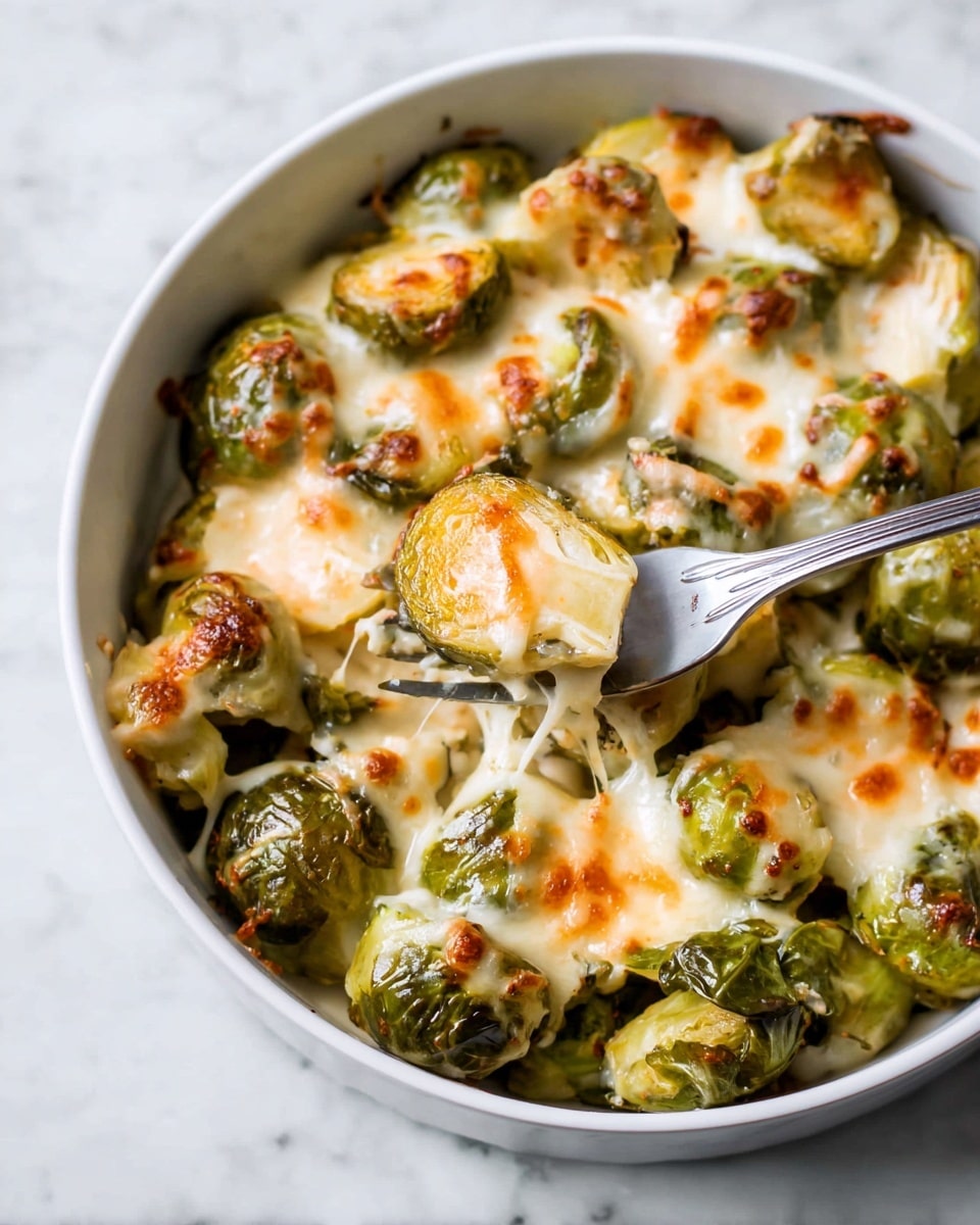 The image shows a white bowl filled with roasted Brussels sprouts covered in a melted cheesy layer. The Brussels sprouts are green with some browned edges and are mixed with a creamy layer of off-white melted cheese that has golden brown toasted spots all over. A silver fork holds one Brussels sprout in the center, showing melted cheese stretching beneath it. The bowl sits on a white marbled surface. Photo taken with an iphone --ar 4:5 --v 7