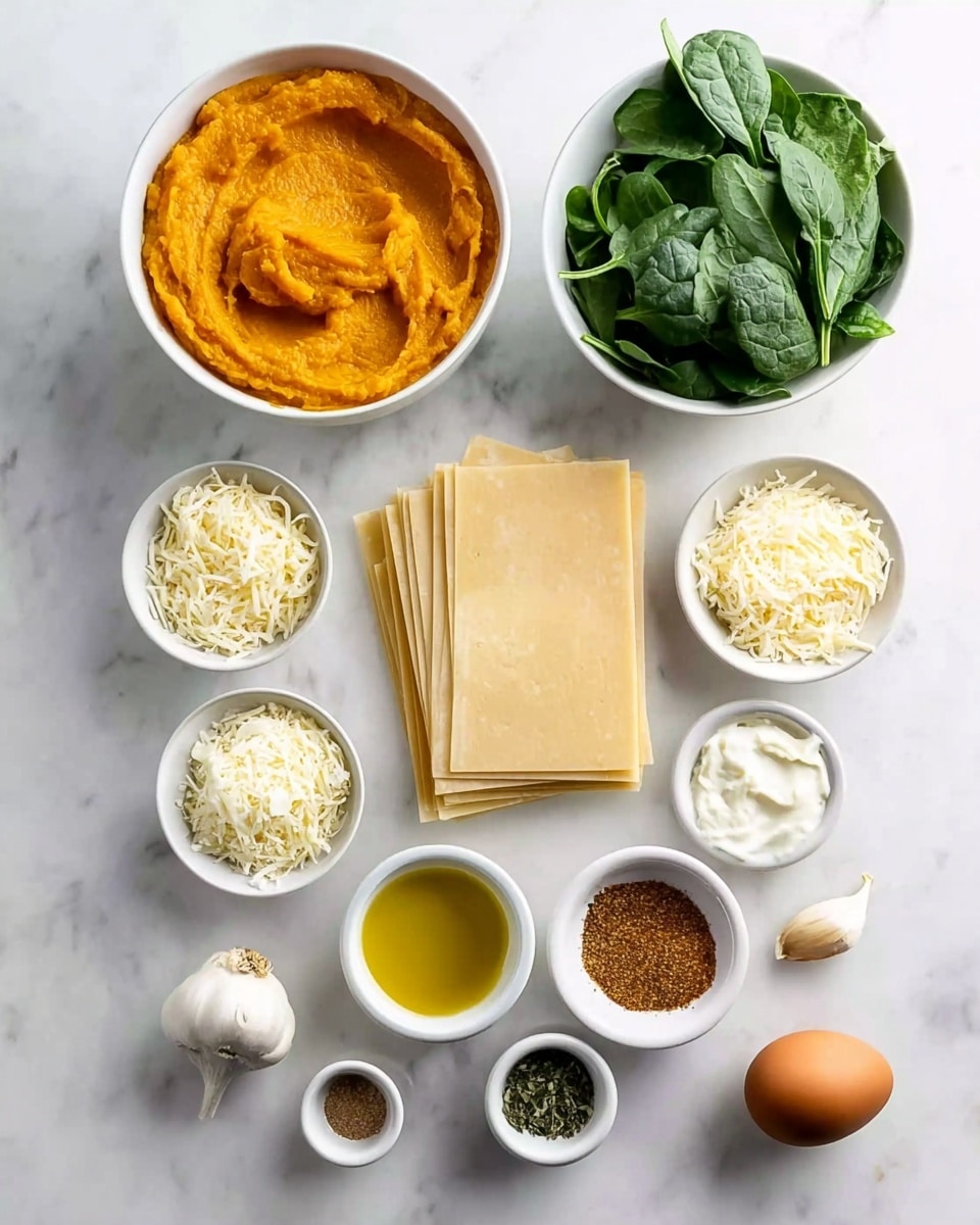 The image shows ingredients arranged neatly on a white marbled surface. There is a large bowl filled with smooth orange pumpkin puree at the top left and a white bowl of fresh green spinach leaves to the right. Below the pumpkin puree, there is a stack of light beige rectangular sheets of pasta in the center. Around these are smaller white bowls containing shredded cheese, chopped white onions, a creamy white mixture, and a smaller bowl with olive oil. Near the bottom are tiny bowls holding black pepper, a brown spice, and green herbs. A single brown egg and two garlic cloves lie near the bottom center, completing the setup, all brightly lit and clear. Photo taken with an iphone --ar 4:5 --v 7