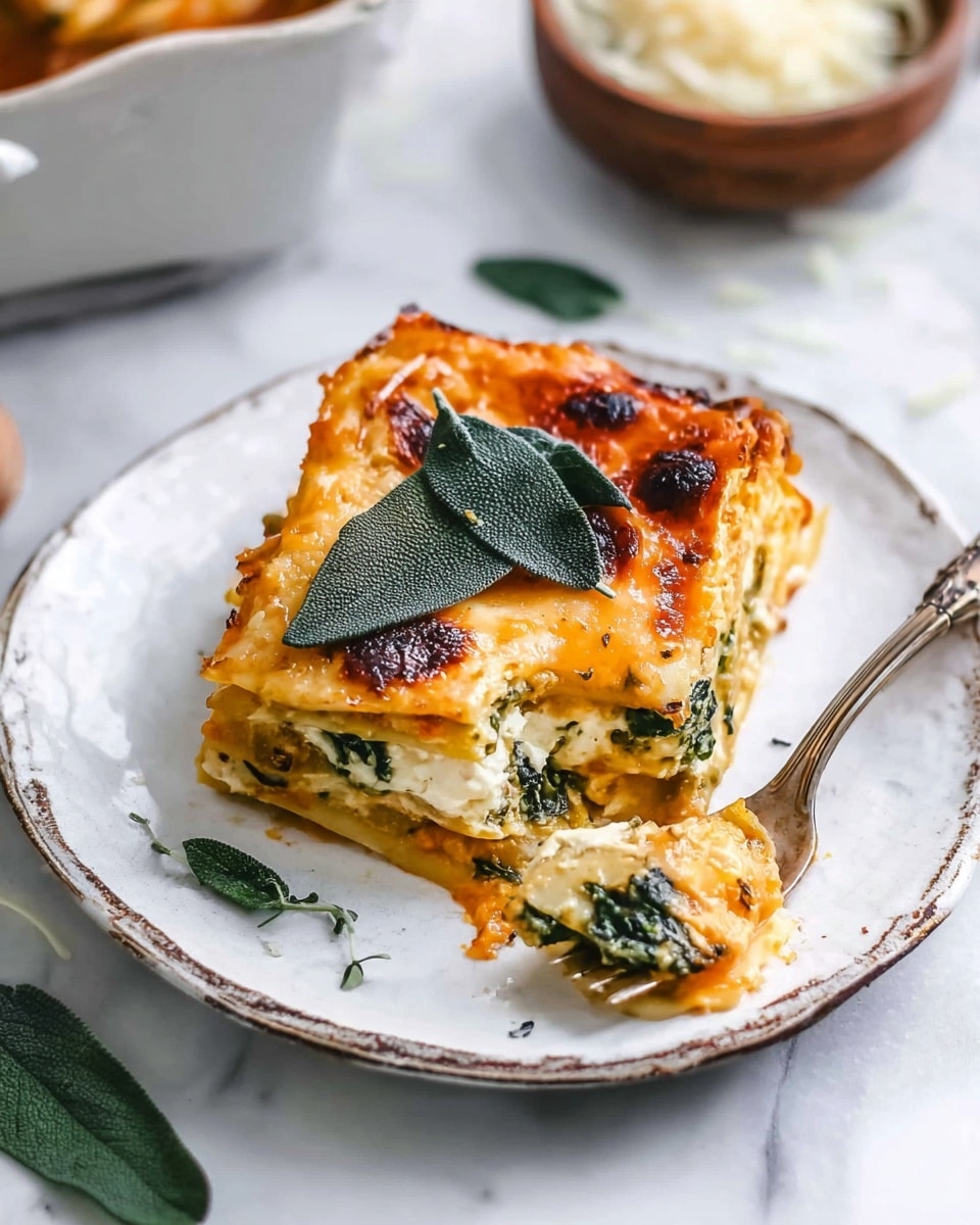 A single slice of layered lasagna sits on a white plate with a rustic design. The lasagna has at least four visible layers: a golden-orange top layer of melted cheese with some brown spots, a creamy pale yellow layer beneath it, a mix of green spinach leaves and white cheese in the middle layers, and patches of deep orange sauce throughout. On top of the lasagna slice lie a few fresh sage leaves in dark green, one large leaf prominently placed. A fork rests on the plate with a bite-sized piece of lasagna showing the spinach and cheese layers. The plate is on a white marbled surface, and nearby are more sage leaves and a wooden bowl with shredded cheese in the background. Photo taken with an iphone --ar 4:5 --v 7