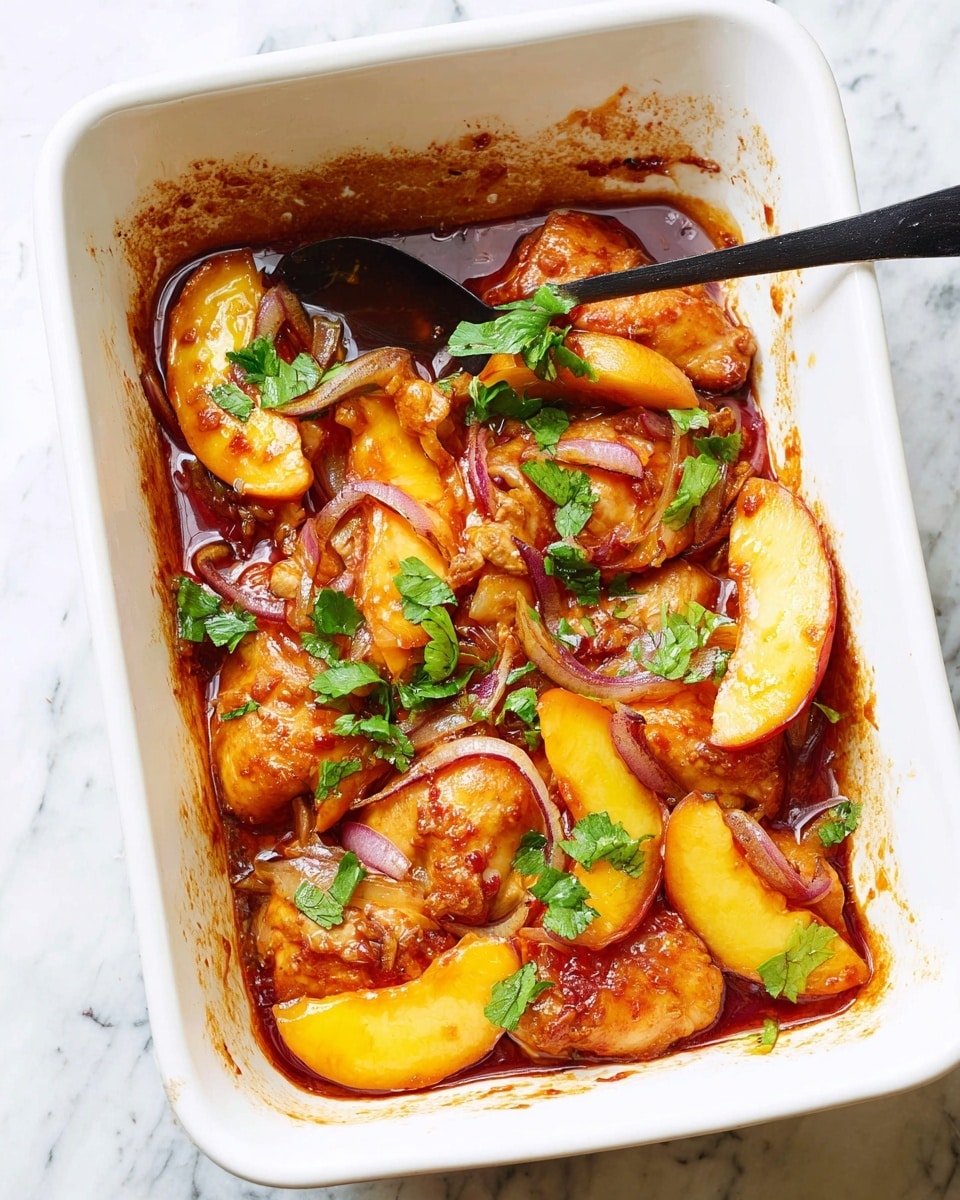 A white rectangular baking dish filled with cooked chicken pieces layered at the bottom, topped with slices of yellow peach and thin strips of purple onion, all coated in a glossy reddish-brown sauce. Bright green parsley leaves are scattered unevenly on top, adding a fresh contrast. A black spoon lies inside the dish, partially under a peach slice, resting on the sauce. The dish sits on a white marbled surface, with some sauce splattered on the sides of the dish. photo taken with an iphone --ar 4:5 --v 7