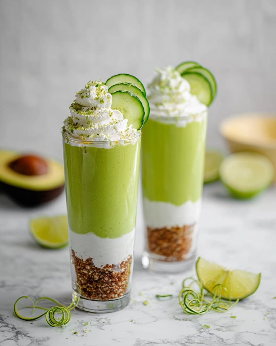 Two tall, clear glasses stand on a white marbled surface. Each glass has three layers: a bottom layer of crushed brown nuts, a thick middle layer of smooth bright green avocado cream, and a top layer of white whipped cream sprinkled with tiny green zest bits. On top, two thin round cucumber slices lean against the whipped cream, and delicate green curled strands rest beside it. In the blurred background, halved avocado, lime wedges, and a light yellow bowl can be faintly seen. Photo taken with an iphone --ar 4:5 --v 7