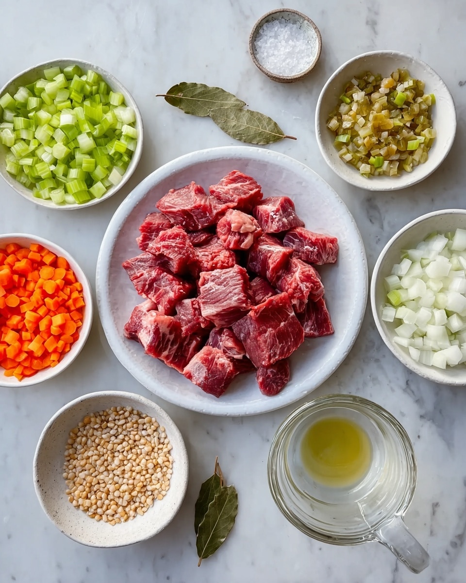 The image shows several small white bowls arranged on a white marbled surface. In the center, there is a white plate with chunks of raw red meat, some with visible fat edges. Around the plate, the bowls hold finely chopped celery (green), diced orange carrots, chopped white onions, a small bowl of uncooked grains, a small ceramic bowl with a light-colored oil, and another small white bowl with salt. A glass container with water and two bay leaves lie near the bowls. photo taken with an iphone --ar 4:5 --v 7