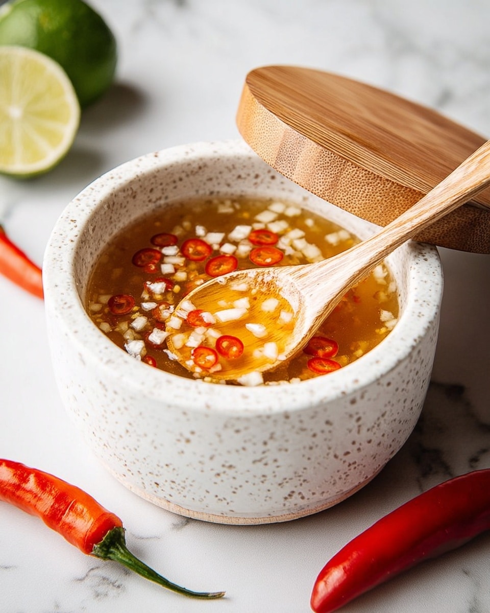 A small white speckled ceramic bowl filled with a light amber liquid containing small white minced bits and several red chili slices floating on top. A rounded wooden lid rests tilted behind the bowl, and a light-colored wooden spoon lays inside the bowl, partially submerged in the liquid. The bowl sits on a white marbled surface with two bright red chili peppers and a partially visible lime in the background. photo taken with an iphone --ar 4:5 --v 7