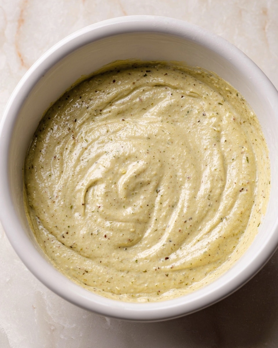 A close-up view of a white bowl filled with thick, creamy batter that is light yellow-green in color with small brown and green specks throughout. The batter has a smooth texture with visible swirls and folds on the surface. The bowl sits on a white marbled surface. photo taken with an iphone --ar 4:5 --v 7