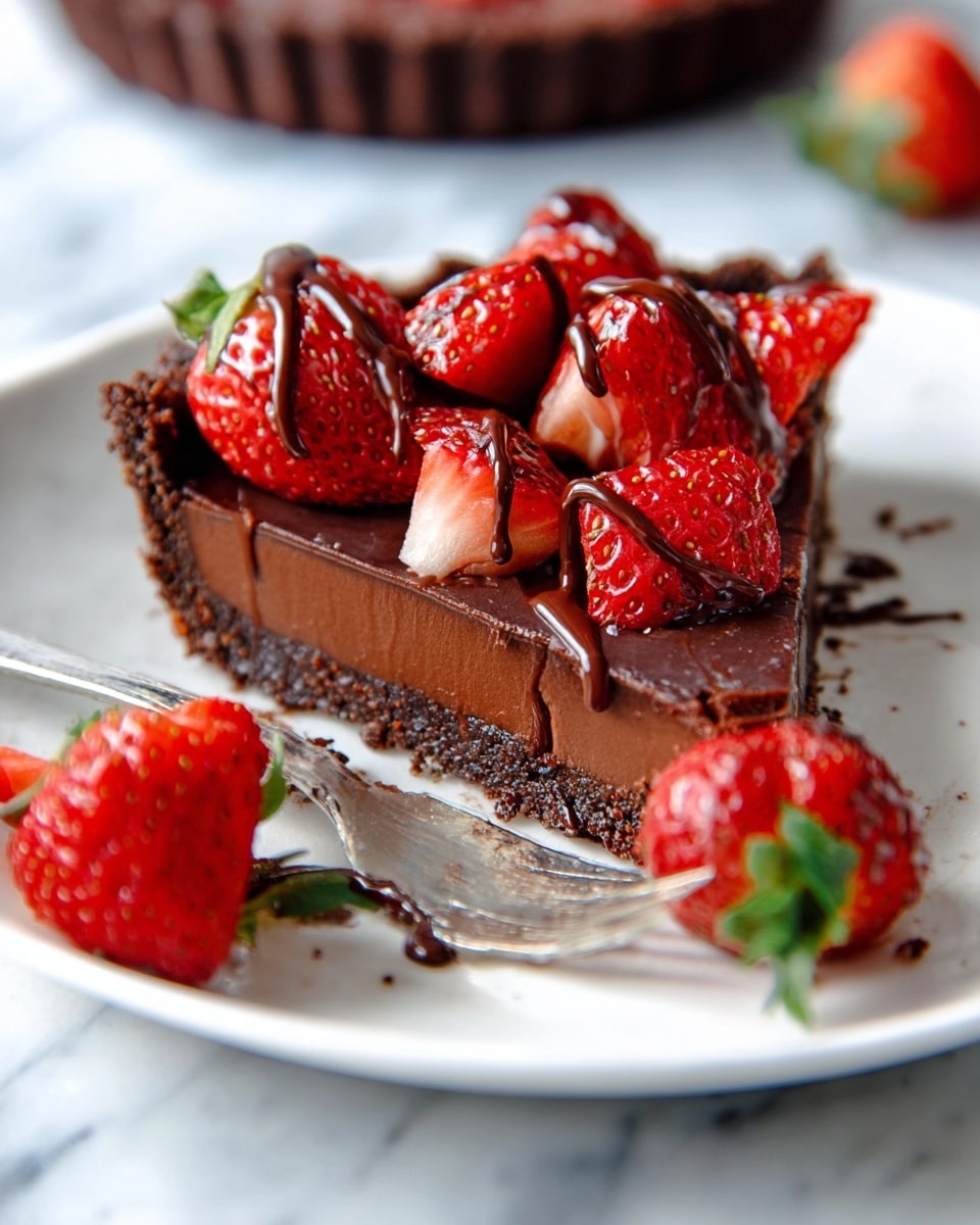 A slice of chocolate tart on a white plate shows three distinct layers: a crumbly dark brown crust at the bottom, a thick, smooth dark chocolate filling in the middle, and fresh, cut strawberries on top, drizzled with dark chocolate sauce. The strawberries are bright red with visible seeds and green leaves. A piece of the tart is speared by a fork on the plate, and a few whole strawberries sit beside the tart slice. The background and surface have a white marbled texture. Photo taken with an iphone --ar 4:5 --v 7