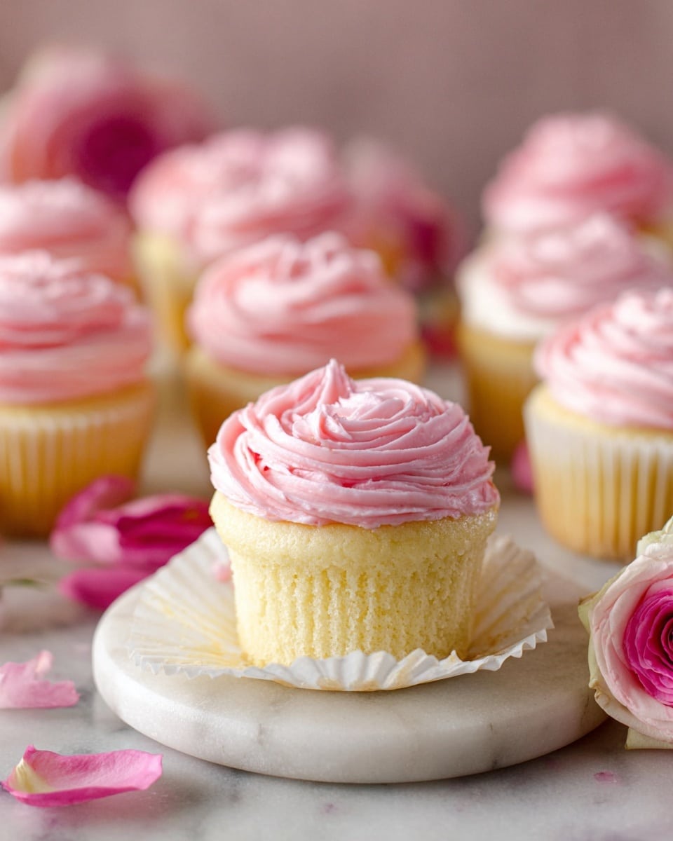 The image shows a group of vanilla cupcakes with two layers: the bottom is a soft light yellow cake, and the top is swirled pink frosting with a smooth texture. One cupcake is front and center with its white paper liner partially opened, sitting on a small round white marble plate. Around the cupcakes are light pink rose flowers, and the surface is a white marbled texture. The background is softly blurred to keep the focus on the cupcakes and roses. photo taken with an iphone --ar 4:5 --v 7