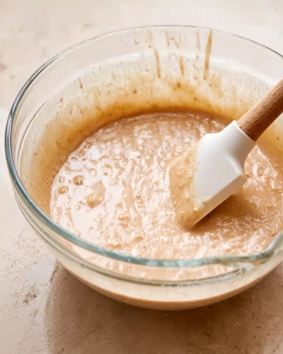 A clear glass bowl filled with light brown batter that looks smooth with some small bubbles and lumps on the surface. A white spatula with a light brown handle is partly dipped inside the batter, mixing it gently. The bowl is placed on a white marbled surface. The background is softly lit and neutral, focusing the eye on the mixing bowl and batter photo taken with an iphone --ar 4:5 --v 7