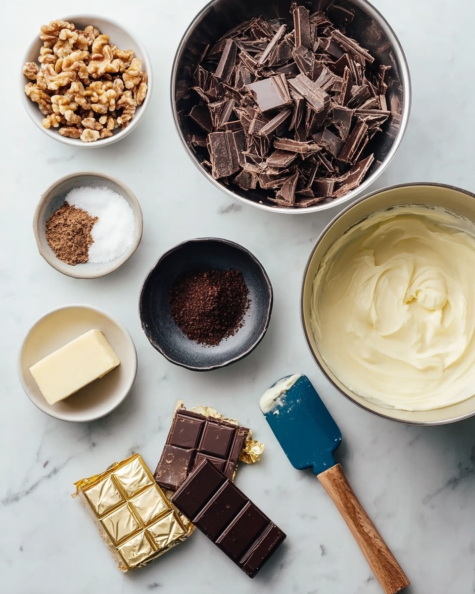 The image shows several small white bowls and a large metal bowl arranged neatly on a white marbled surface. One small bowl holds small rough broken walnut pieces, another has a small block of butter, while a third contains a few dark brown coffee grounds. A black bowl has a little coarse salt, and near it are three pieces of dark chocolate partially wrapped in foil. The large metal bowl is filled with chopped dark chocolate chunks. A large white bowl contains smooth pale cream, next to a blue spatula with a wooden handle. The photo is taken with an iphone --ar 4:5 --v 7