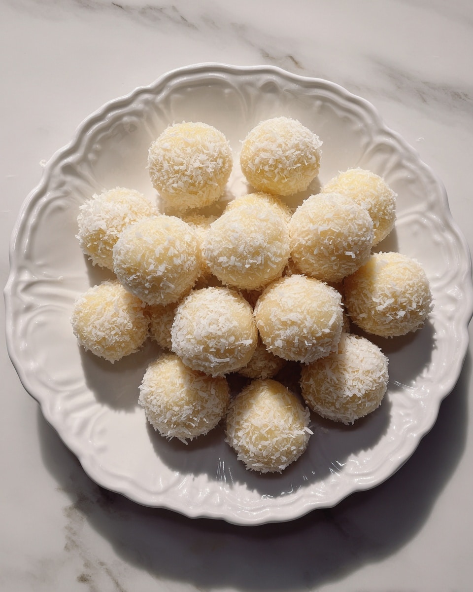 A white scalloped plate filled with about twenty small round balls covered in fine white flakes, giving them a rough texture, each ball is light yellow under the flakes and arranged in a loose pile at the center of the plate, all set on a white marbled surface photo taken with an iphone --ar 4:5 --v 7