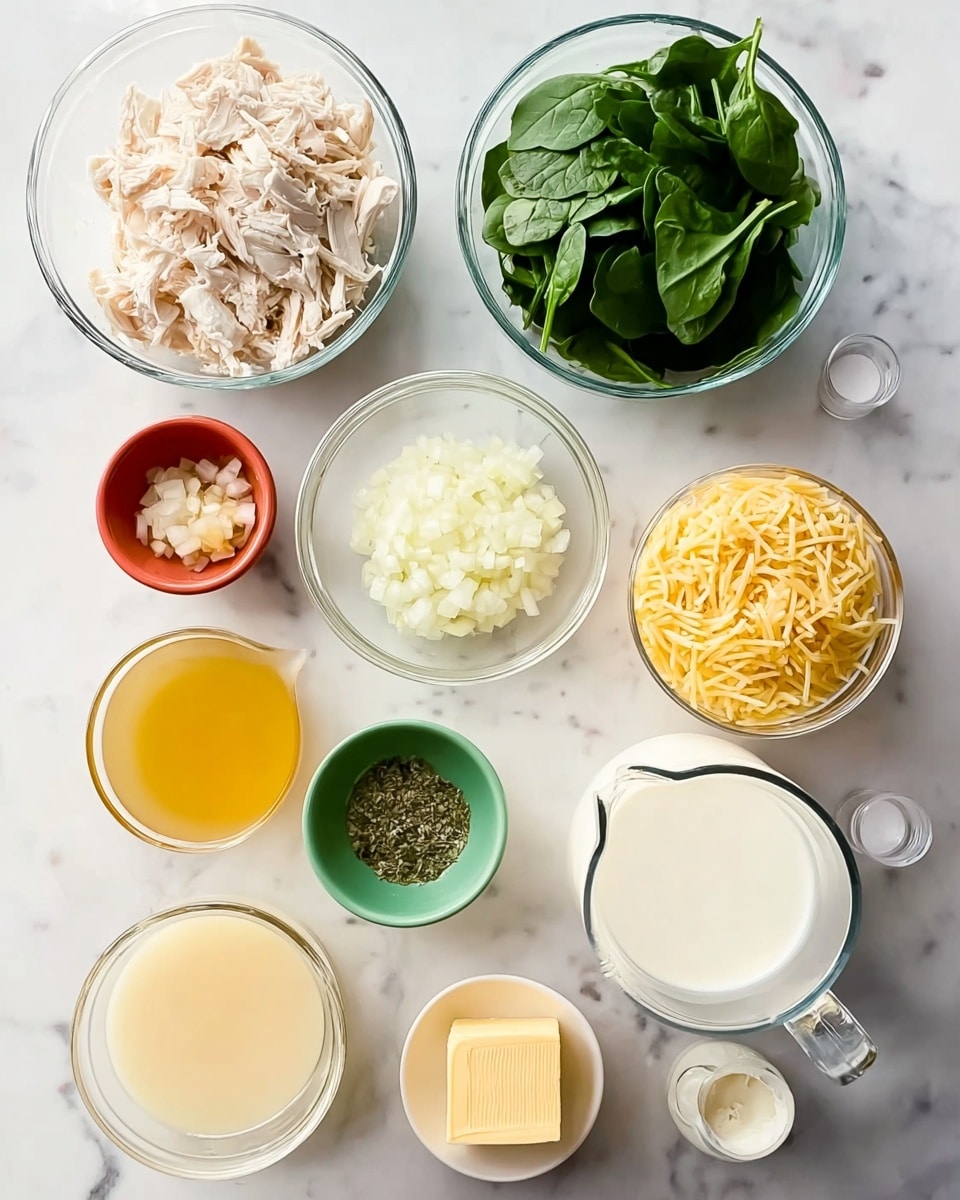 The image shows eleven clear glass and white bowls placed on a white marbled surface in a loose grid. The top left bowl holds shredded cooked white meat, creamy off-white in color. To the right, a bowl with fresh, dark green spinach leaves sits. Below the shredded meat, a liquid with a golden yellow color is in a clear glass pitcher. Next to the spinach and below it, a white bowl contains finely chopped white onions. In the center, a small green bowl has minced garlic that is pale yellow. To its right, a red bowl contains some dried green herbs. Beside that, an orange bowl holds a square piece of butter in pale yellow. Under the garlic bowl, a clear pitcher contains uncooked orzo pasta in a pale golden yellow. Near the pasta, a small white bowl is filled with pale yellow liquid, possibly lemon juice. Bottom left shows a clear bowl with grated parmesan cheese, white and fine-textured. Next to it, a pale peach bowl holds a small amount of golden oil. On the right side below the onions, a clear glass jug contains white milk or cream. Everything is evenly lit and neatly arranged. Photo taken with an iphone --ar 4:5 --v 7