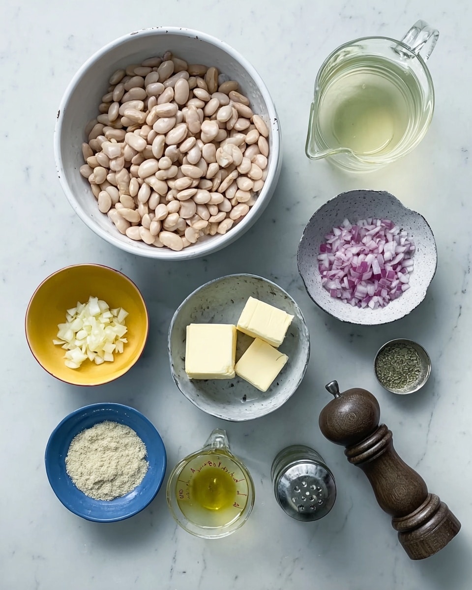 A top-down view of arranged cooking ingredients on a white marbled surface shows a large white bowl filled with light brown beans in the top left, next to a small white bowl with chopped garlic and another small white bowl with finely chopped red onions. Below, there is a small yellow bowl holding a powdery beige substance, a small blue bowl with two pieces of butter, a glass measuring cup containing a light yellow liquid, and another small white bowl with a light green powder. To the right, a glass pitcher contains a clear light yellow liquid, and a small bottle with dark green contents is shown. Additionally, a dark wooden pepper grinder and a small metal container with salt are placed near the center. The scene is brightly lit, and all items are spaced neatly. Photo taken with an iphone --ar 4:5 --v 7