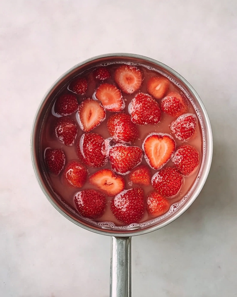 A silver pot filled with whole and halved bright red strawberries immersed in a light pink liquid, the strawberries showing their textured seeds and smooth surfaces floating evenly across the pot. The pot sits on a white marbled surface, and the handle extends from the bottom center of the image. Photo taken with an iphone --ar 4:5 --v 7