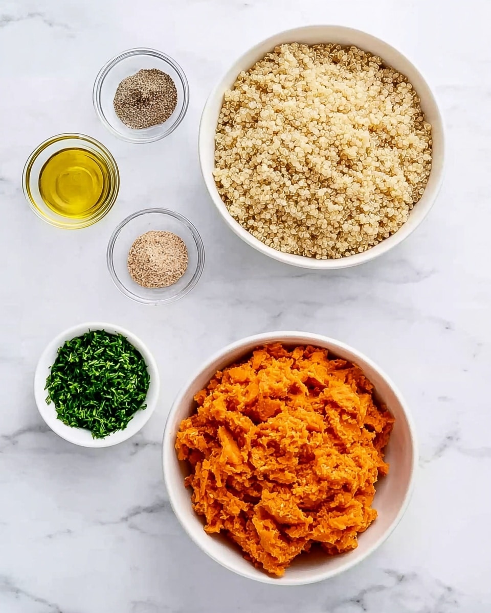 The image shows a collection of white bowls and small glass containers arranged on a white marbled surface. The largest white bowl at the top right is full of cooked quinoa with a light, fluffy texture. Below it is a medium white bowl filled with bright orange mashed sweet potatoes with a slightly chunky texture. To the right of the sweet potatoes is a small white bowl containing finely chopped green herbs. Above these three bowls are three small glass containers arranged in a row; from left to right, one with golden olive oil, one with coarse black pepper and salt mix, and one with light brown granulated seasoning. The scene is clean, bright, and well-lit, showing the ingredients ready to be mixed photo taken with an iphone --ar 4:5 --v 7
