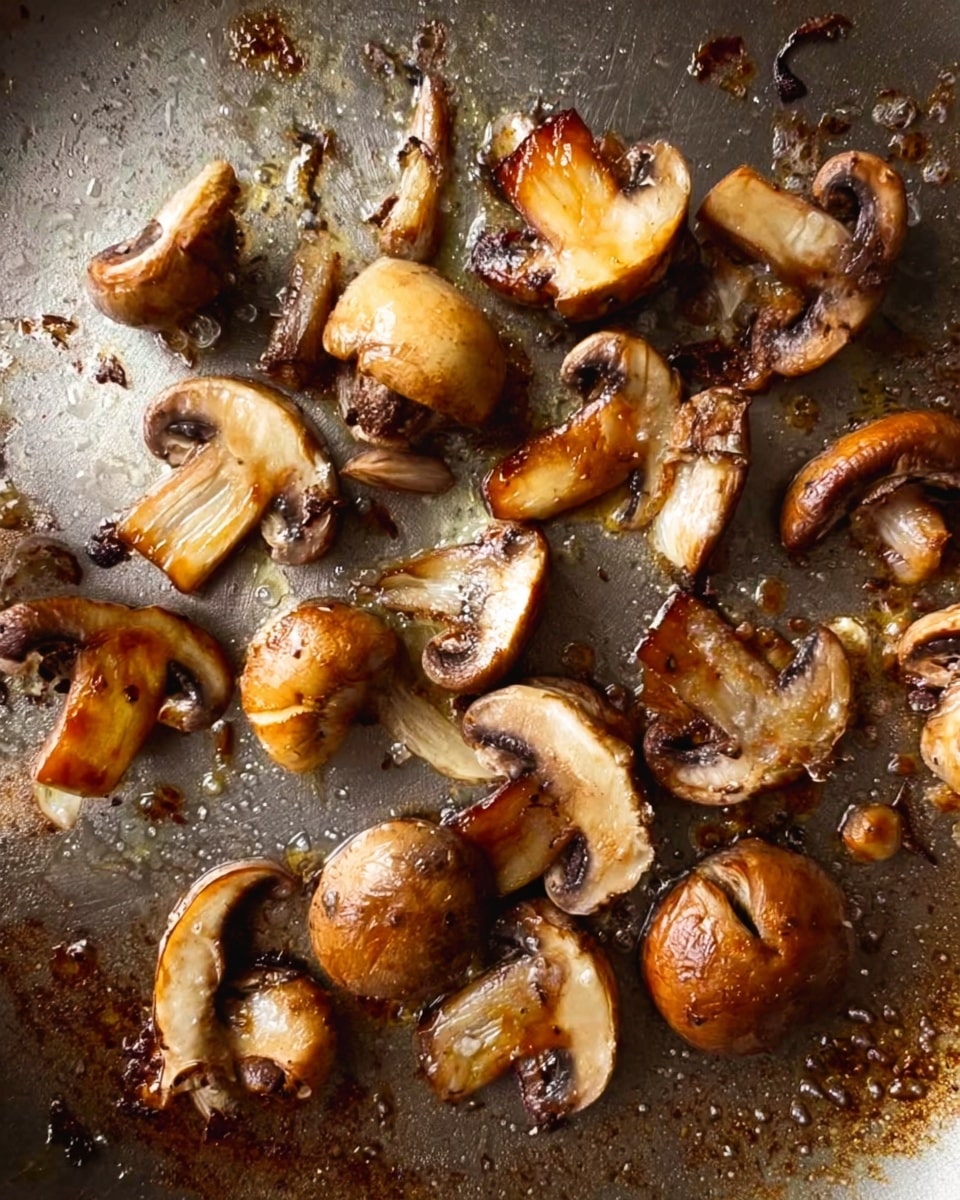 This image shows a close-up of cooked mushrooms in a metal pan. The mushrooms are spread out unevenly across the pan's surface, with a mix of darker brown and lighter tan colors. Some mushrooms have a slightly crispy texture on the edges, while others look soft and shiny with cooking oil. There are small bubbles and bits of oil around the mushrooms on the pan, and the metal has a slightly worn, reflective look with brown toasted spots. photo taken with an iphone --ar 4:5 --v 7