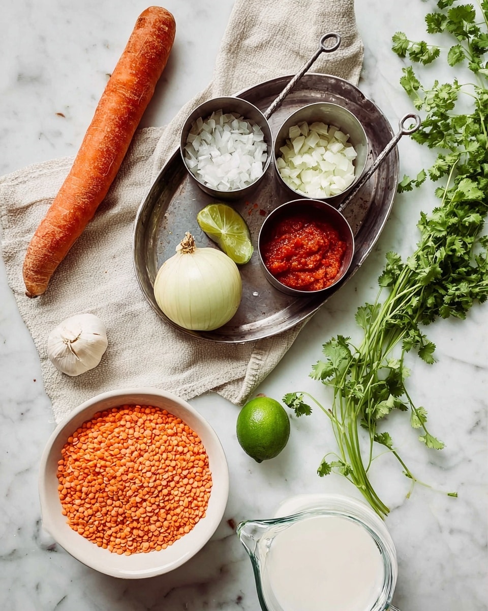 The image shows a top view of cooking ingredients arranged on a white marbled surface. There is a white bowl filled with small, orange lentils placed near the bottom center. Above it, a metal oval pan contains three metal measuring cups with chopped white onions, sliced orange carrots, and bright red tomato paste, along with a lime and a whole garlic bulb in the pan. To the left, a single whole carrot with green tops lies on a light beige cloth. On the right side, several sprigs of fresh green cilantro spread across the surface, and a clear glass jug filled with a white liquid sits near the bottom right corner. Photo taken with an iphone --ar 4:5 --v 7