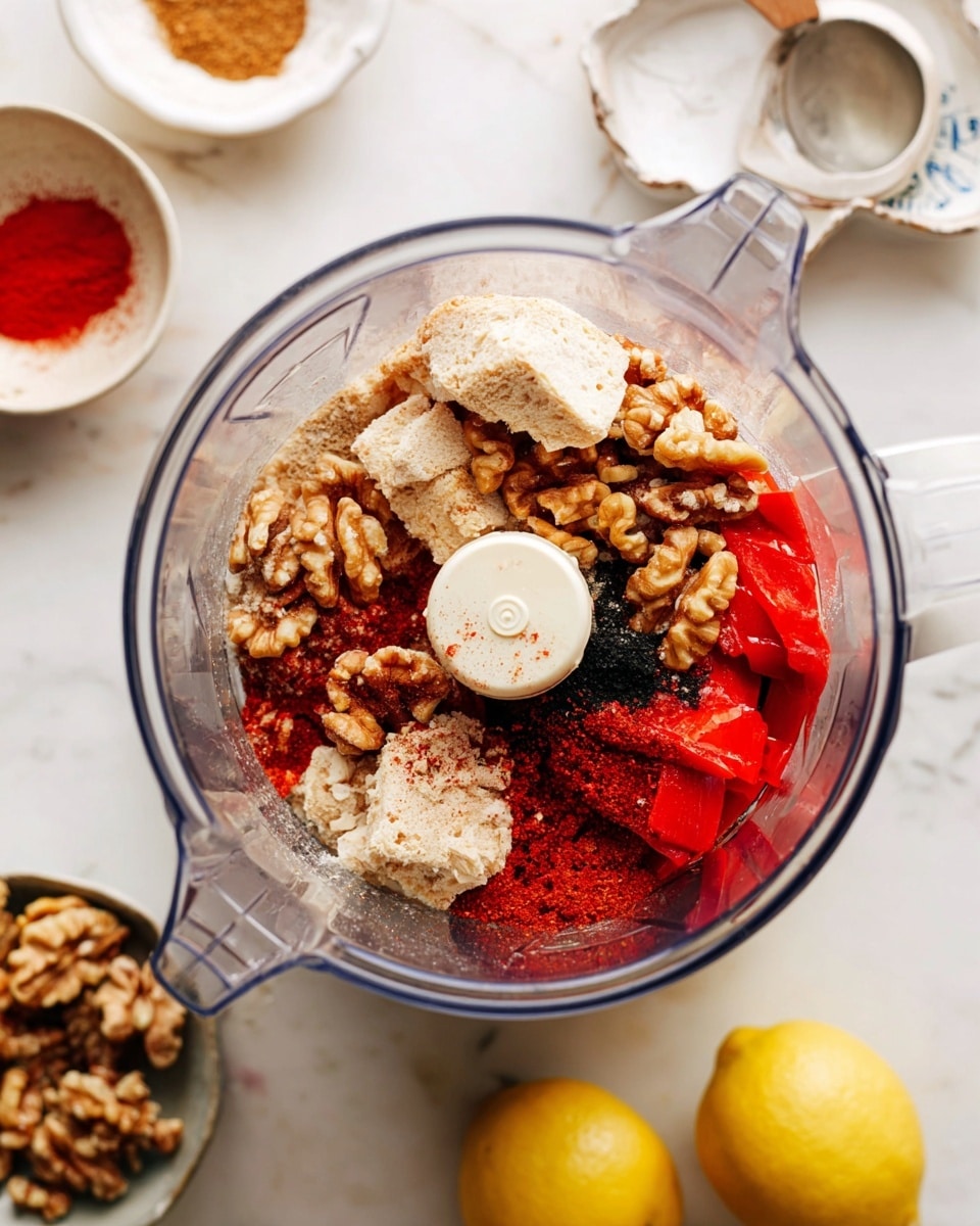 A clear blender container sits on a white marbled surface filled with layers of ingredients. At the bottom, there are bright red roasted peppers with a smooth texture. On top of this, several light brown walnut halves are scattered, adding a rough texture. Around the walnuts, there are pieces of torn light beige bread that look soft and airy. A sprinkle of dark red spice powder rests on the bread and peppers. Nearby, small bowls on the white marbled background hold more pieces of bread, dark liquid in a silver measuring spoon, and two bright yellow lemons. Photo taken with an iphone --ar 4:5 --v 7