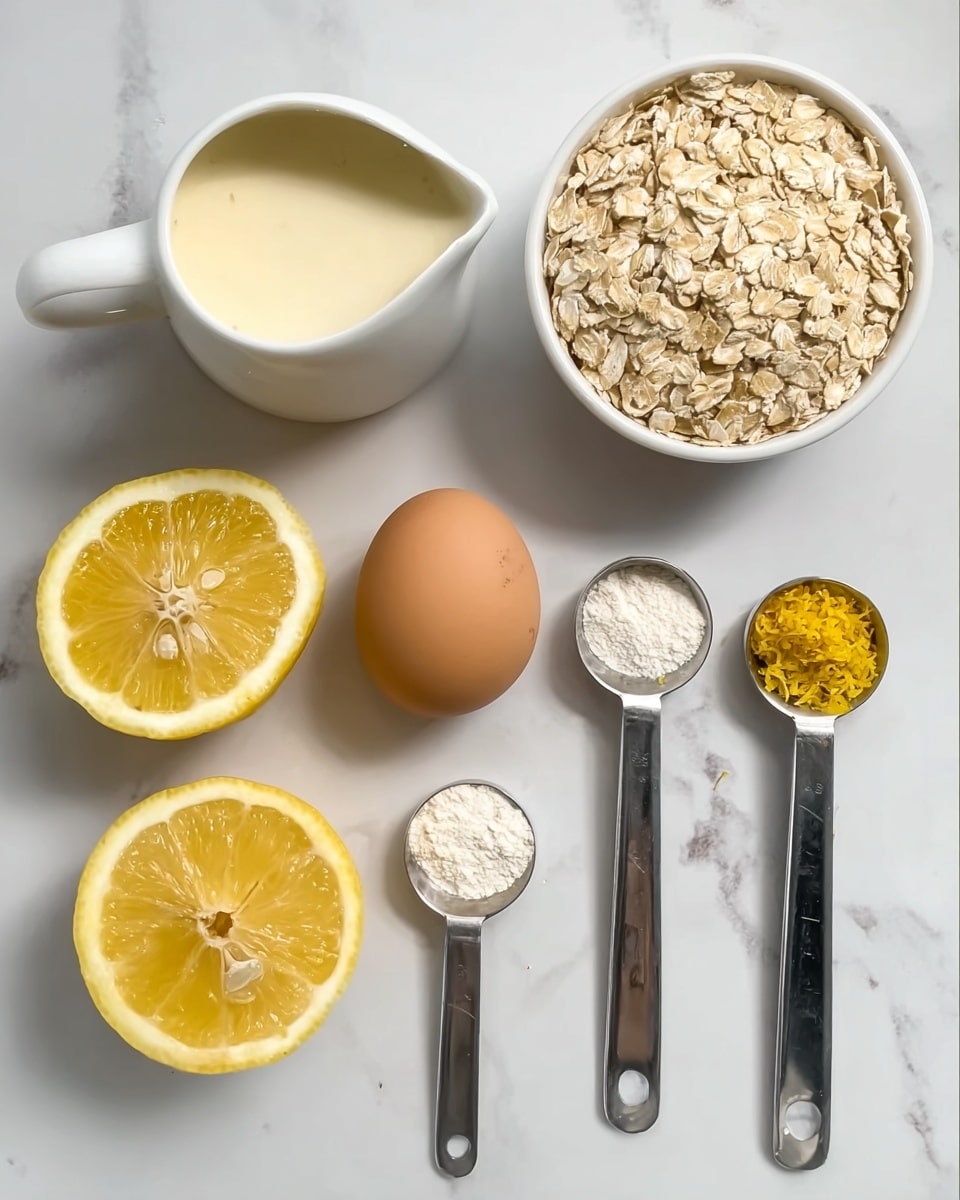 The image shows seven ingredients on a white marbled surface. On the top right, there is a white bowl filled with oats. To the left, there is a small white jug with a cream-colored liquid inside. Below these, there are two lemon halves placed side by side, showing their bright yellow inside with visible seeds. Next to the lemons is a brown egg lying on its side. To the right of the egg, there are three metal measuring spoons filled with different powders: the top spoon has a white powder, the middle one holds yellow lemon zest, and the bottom one contains another white powder. The arrangement is neat and evenly spaced. photo taken with an iphone --ar 4:5 --v 7