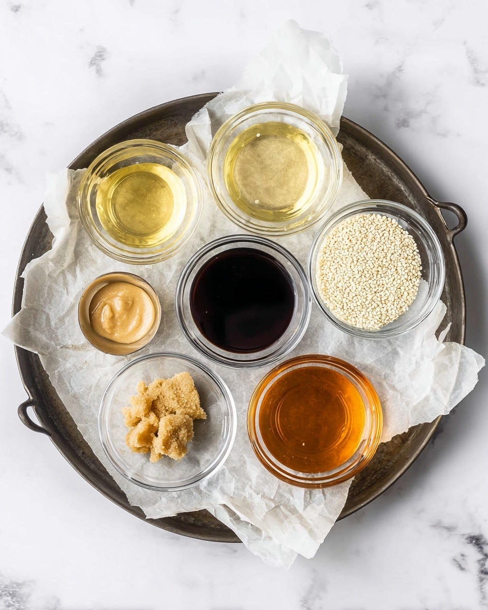 A round dark metal tray holds a piece of parchment paper that forms a soft, crumpled layer. On top, there are seven small clear glass bowls arranged in a circular pattern: a bowl of light yellowish liquid at upper left, a bowl of dark brown liquid at upper center, a bowl of pale yellowish liquid at upper right, a bowl of light brown paste at bottom left, a bowl of light brown sugar clumps at bottom center, a bowl of amber liquid at bottom right, and a bowl full of small white sesame seeds right in the middle. The tray is set on a white marbled surface. Photo taken with an iphone --ar 4:5 --v 7