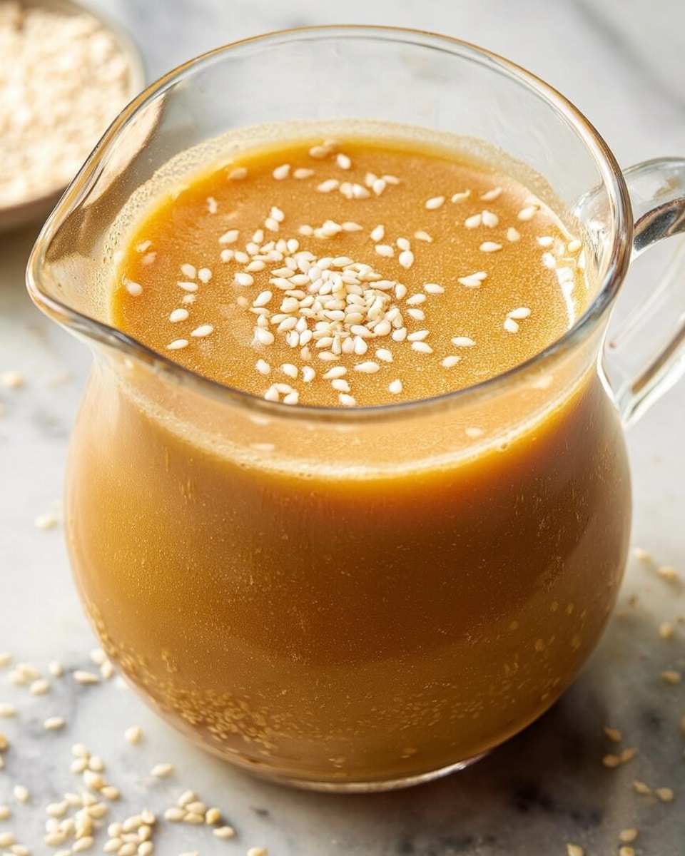 A clear glass pitcher filled with a smooth, thick, light brown sauce, topped with scattered white sesame seeds. The sauce has a creamy texture and the pitcher sits on a white marbled surface with some white sesame seeds sprinkled around it. The lighting highlights the glossy and slightly frothy surface of the sauce photo taken with an iphone --ar 4:5 --v 7