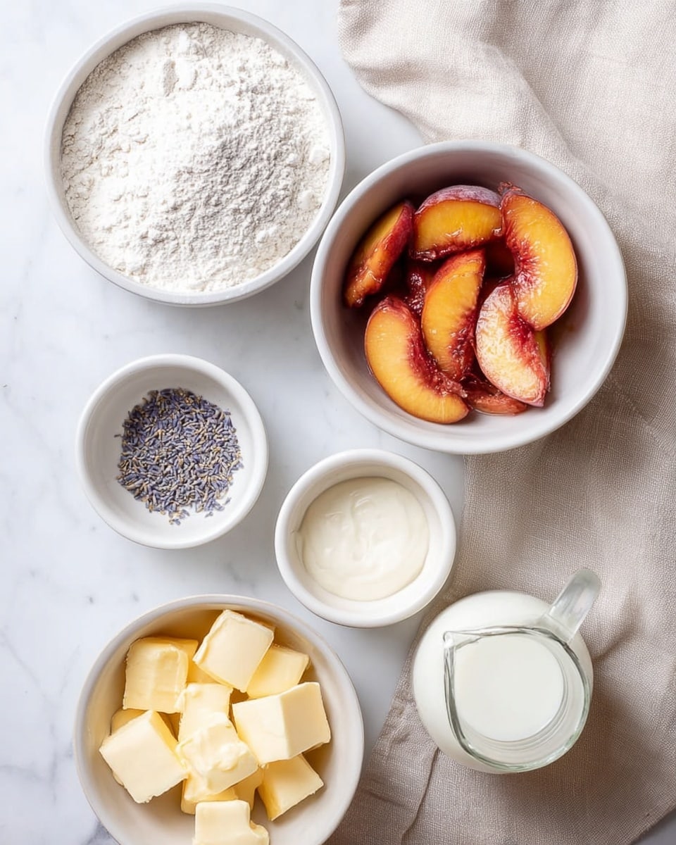 The image shows six white bowls and a glass jug arranged on a white marbled surface with a beige cloth beneath some bowls. The largest bowl on the top right contains white flour with a slightly uneven texture. Below it, there is a medium bowl filled with cooked peach slices that are shiny and caramelized, showing deep orange and red colors. To the right of the peaches, a small white bowl holds a mixture of liquid cream and small dark lavender buds. Below that, another white bowl contains cubed butter pieces, pale yellow and smooth. On the bottom left, there is a tiny bowl filled with dry lavender buds, purple-gray in color, and finally on the far right, there is a clear glass jug containing white milk. The setup is bright and clean, arranged neatly on a white marbled texture. Photo taken with an iphone --ar 4:5 --v 7