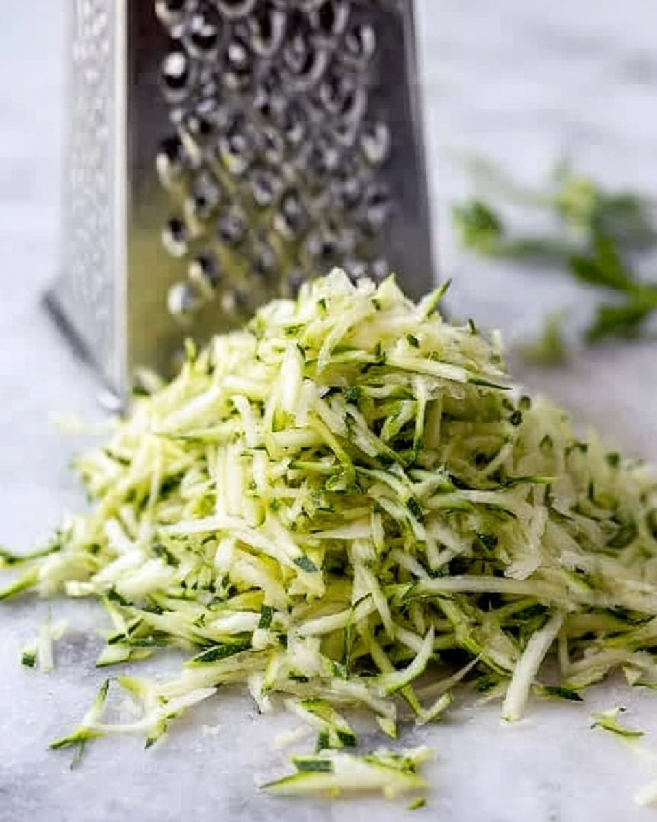 A pile of fresh shredded zucchini rests on a white marbled surface, next to a silver metal grater standing upright. The zucchini strands are thin and long, showing a mix of light green and white colors with some darker green edges from the skin. Small bits of zucchini and some pieces are scattered around the pile, giving a fresh, natural look. In the blurred background, there are some small green vegetable tops. photo taken with an iphone --ar 4:5 --v 7