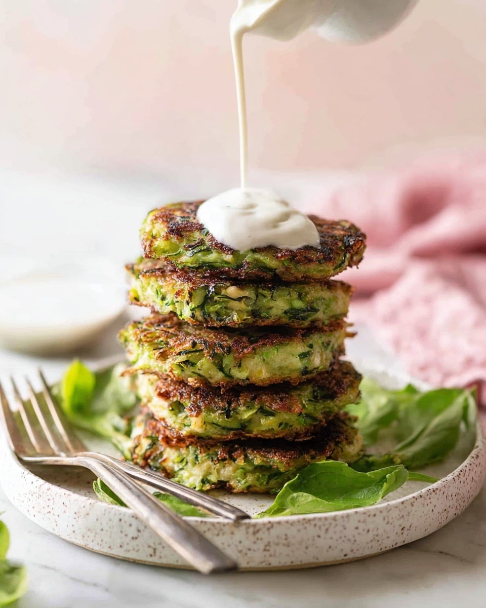 A stack of five green vegetable patties with crispy golden-brown edges sits on a white speckled plate, arranged one on top of the other. The patties have a rough texture with visible green bits throughout. A thick, white sauce is being poured on the top patty from above, creating a soft peak swirl. Some fresh green leaves rest on the plate beside the patties. The setting features a white marbled surface with a fork and a pink cloth nearby. Photo taken with an iphone --ar 4:5 --v 7
