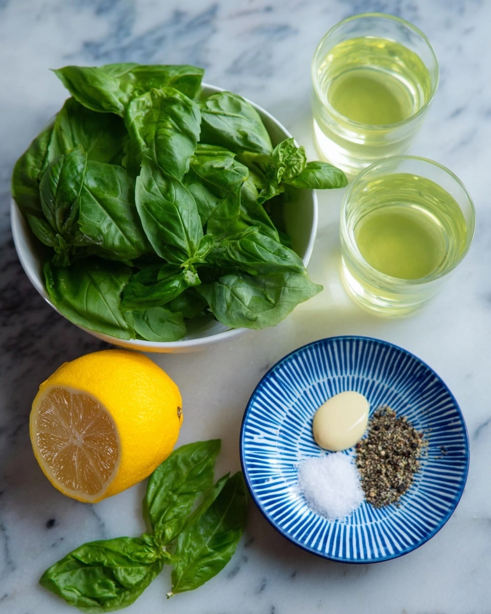 A white bowl on the left side is full of fresh green basil leaves with more basil leaves scattered below it on a white marbled surface; next to it, a lemon cut in half shows a bright yellow inside with a smooth yellow peel. On the right, there are two clear glasses with light greenish-yellow and pale green liquid inside, positioned above a white bowl with blue stripes holding small piles of salt, black pepper, and two creamy dollops, all arranged neatly. photo taken with an iphone --ar 4:5 --v 7