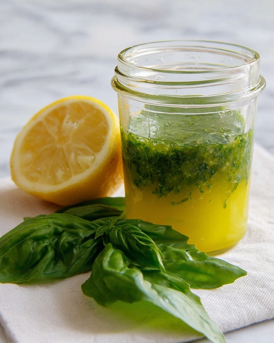 A small clear glass jar filled with a two-layered mixture, the bottom layer is a thick green blend with visible leafy bits, and the top layer is a thinner yellowish liquid, sitting next to half of a bright yellow lemon with visible pulp. Fresh green basil leaves with a smooth texture and detailed veins are placed in front of the jar on a white cloth, all set against a white marbled background. Photo taken with an iphone --ar 4:5 --v 7