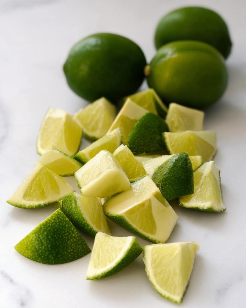 The image shows a white marbled surface with three whole green limes placed near the back. In the front, there are many lime wedges piled together, each wedge showing a bright light greenish-yellow inside and a darker green rind, with a moist texture. The wedges are irregular in size but roughly triangular, and they are spread out in a casual heap. The whole limes in the back have a smooth yet slightly bumpy skin texture. The lighting highlights the freshness and juiciness of the lime pieces. photo taken with an iphone --ar 4:5 --v 7