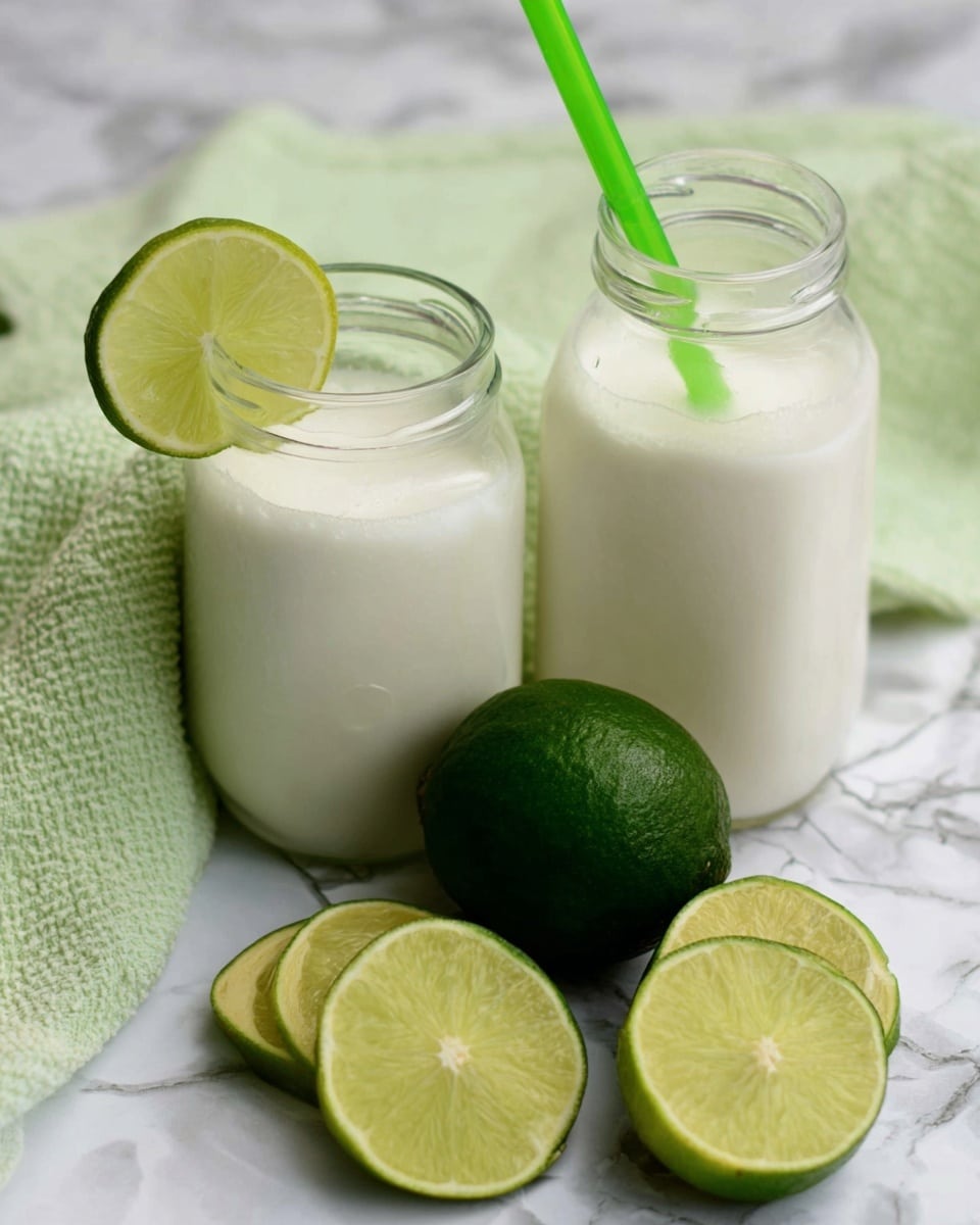 Two clear glass jars filled with a creamy white drink are placed on a white marbled surface. One jar has a green straw and a thin slice of lime on its rim, while the other jar is plain and without decoration. In front of the jars, there is a whole dark green lime and three lime slices, showing the bright green outer rind and pale green interior. A light green textured cloth is in the background next to the jars. The photo taken with an iphone --ar 4:5 --v 7
