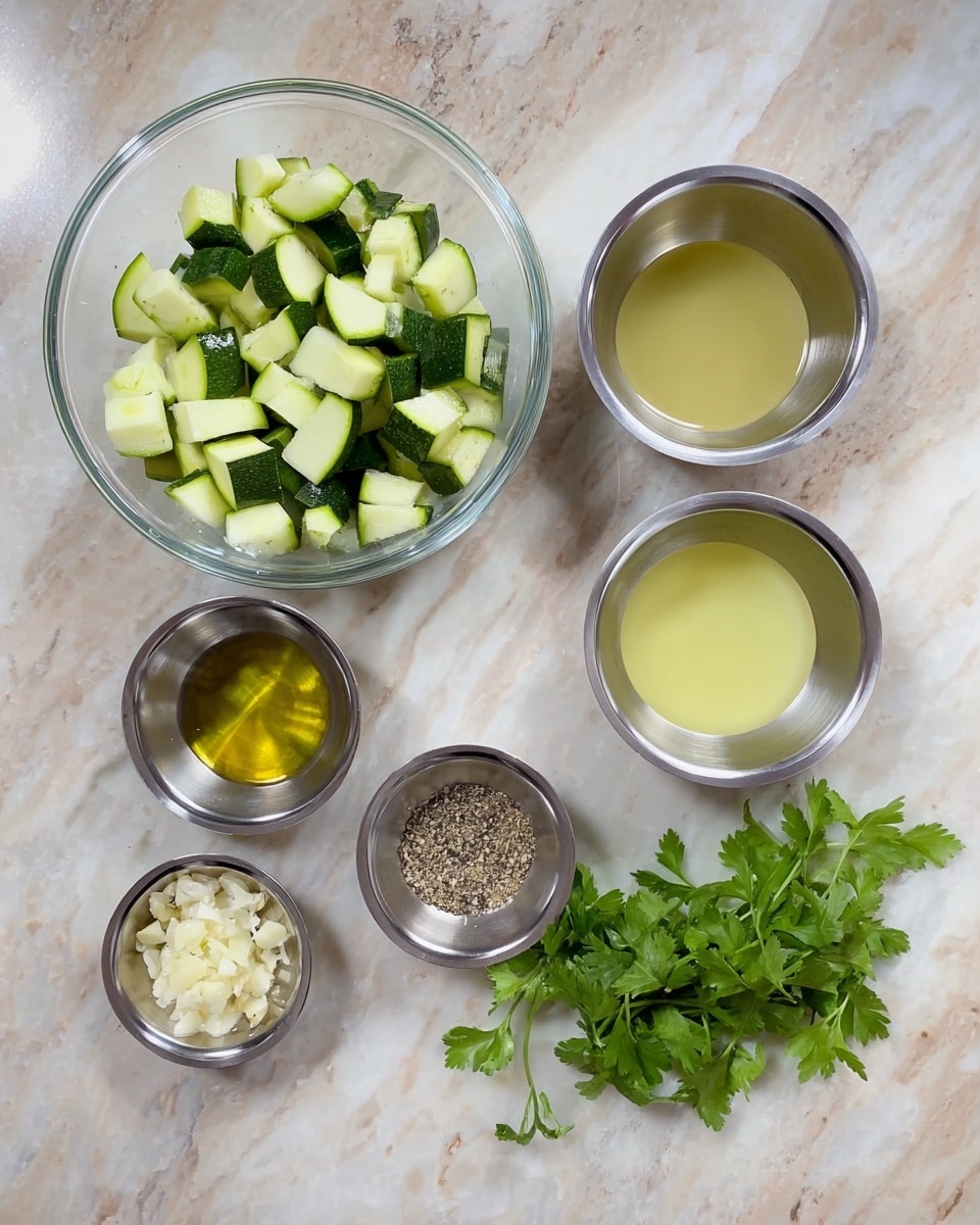 On a white marbled surface, there is a clear glass bowl filled with chopped green zucchini pieces at the top left. To its right, there are two small silver bowls side by side, one with a light yellow liquid and the other with a clearer, slightly yellow liquid. Below these, from left to right, are three more small silver bowls: the first contains a golden oil, the middle one has finely chopped garlic, and the last one has a mix of salt and ground black pepper. On the right side of the frame, there is a small bunch of fresh green cilantro with detailed leaves. The items are arranged neatly in a horizontal line, presenting fresh ingredients. photo taken with an iphone --ar 4:5 --v 7