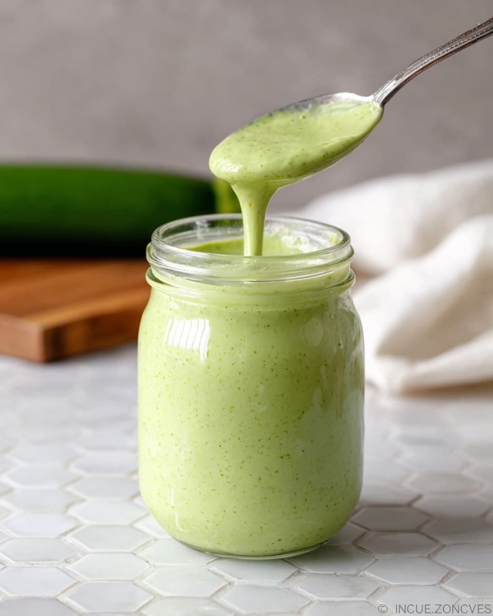 A clear glass jar filled with smooth, thick light green sauce with small darker green specks inside. A silver spoon is held above the jar, with some sauce dripping from the spoon’s edge. The jar is placed on a white marbled hexagonal tile surface. In the blurred background, there is a green cucumber on a wooden board and a white cloth. Photo taken with an iphone --ar 4:5 --v 7