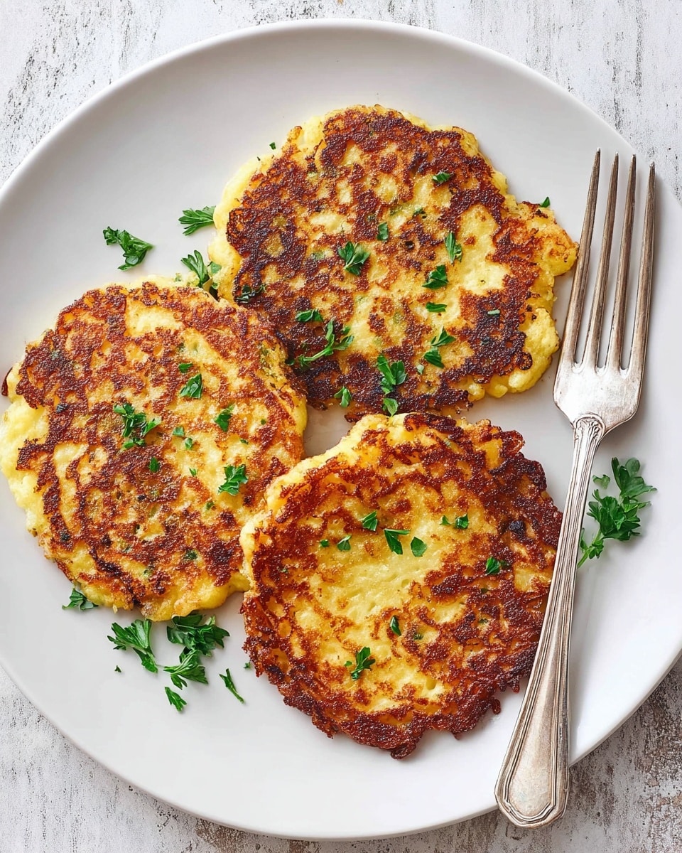 Three golden brown potato pancakes with crispy, uneven edges and slightly rough, textured surfaces rest on a large white plate. Each pancake is thick and round, showing a mix of light yellow and darker browned spots from frying. Small green parsley leaves are scattered on top and around the pancakes. A silver fork lies on the right side of the plate. The plate is placed on a white marbled surface. photo taken with an iphone --ar 4:5 --v 7