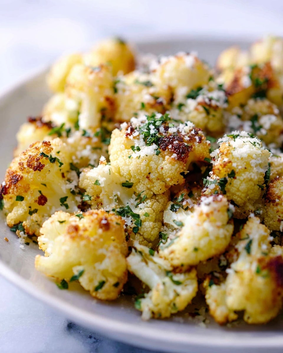 A close-up view of a pile of roasted cauliflower pieces on a white plate, showing about two layers of small, slightly browned florets. The cauliflower has a light yellow color with toasted brown spots on the edges and is sprinkled with finely chopped green herbs and some grated white cheese. The background shows a soft-focus white marbled surface. Photo taken with an iphone --ar 4:5 --v 7